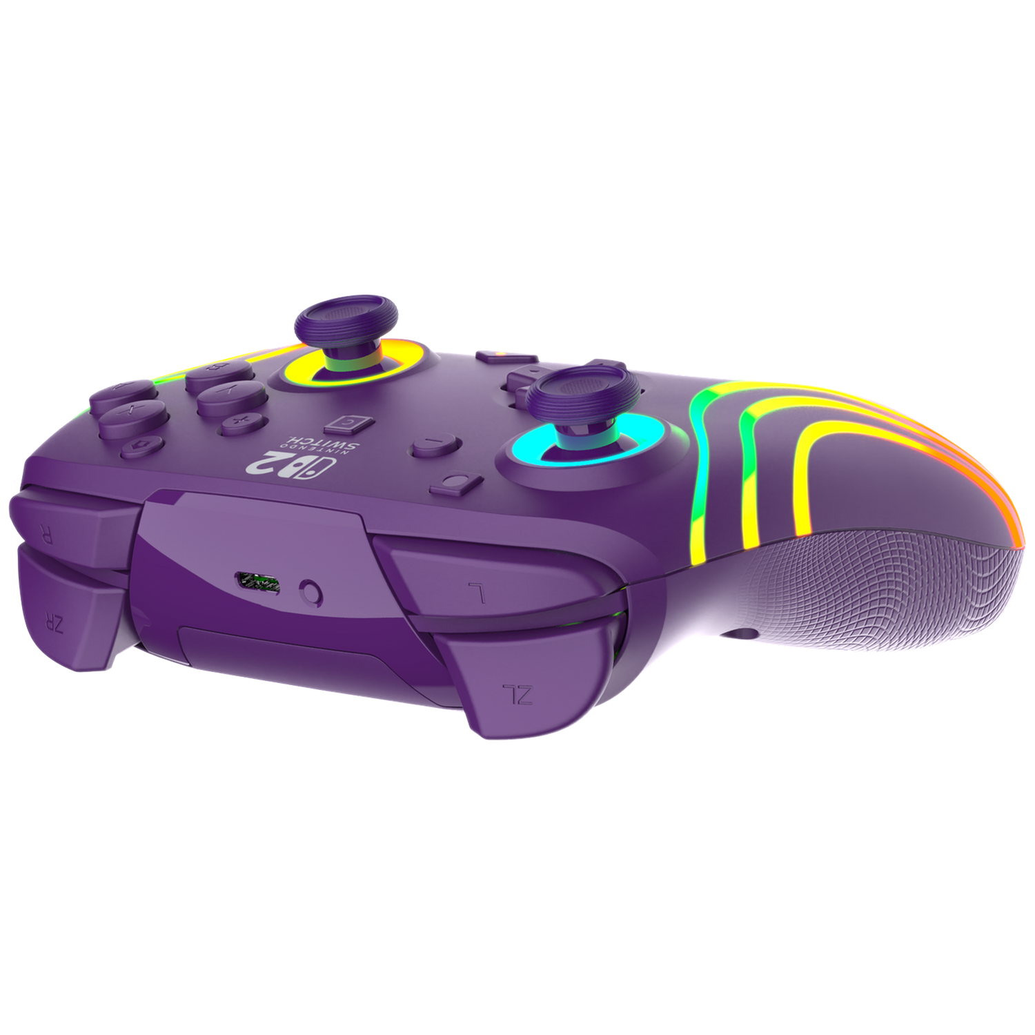 Purple Nintendo Switch controller with colorful LED accents and textured grips.