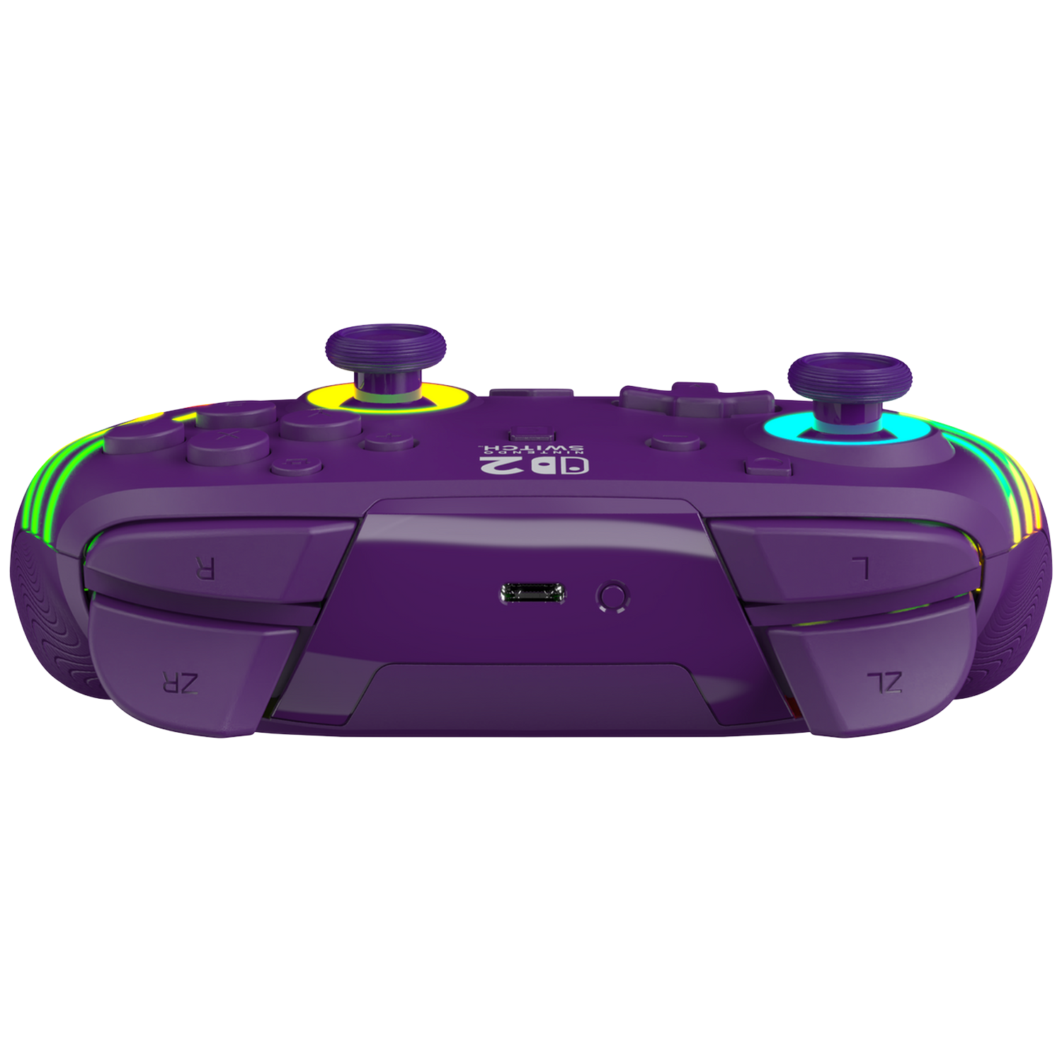 Purple controller with yellow/blue accents and glowing edges. USB-C port visible.