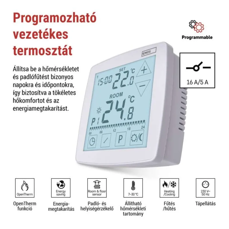 Programozható termosztát digitális kijelzővel, időt, szoba- és beállított hőmérsékletet mutat.