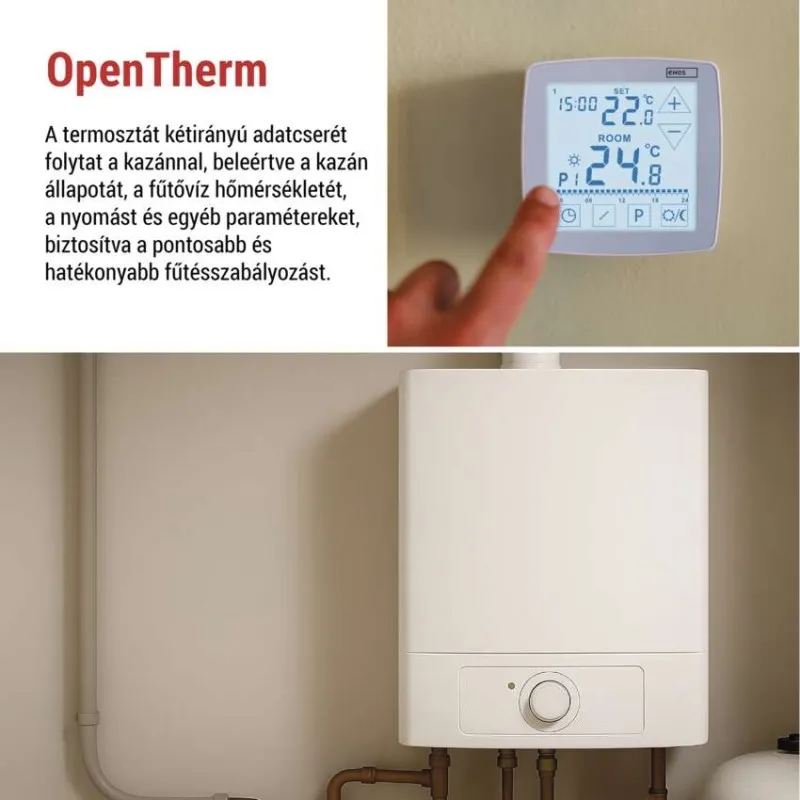 Fűtési rendszer termosztáttal és szöveggel. A kazán fehér, mellette termosztát.