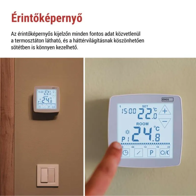 Érintőképernyős termosztát mutatja a szoba hőmérsékletét és az időt. Egy ujj érinti a képernyőt.