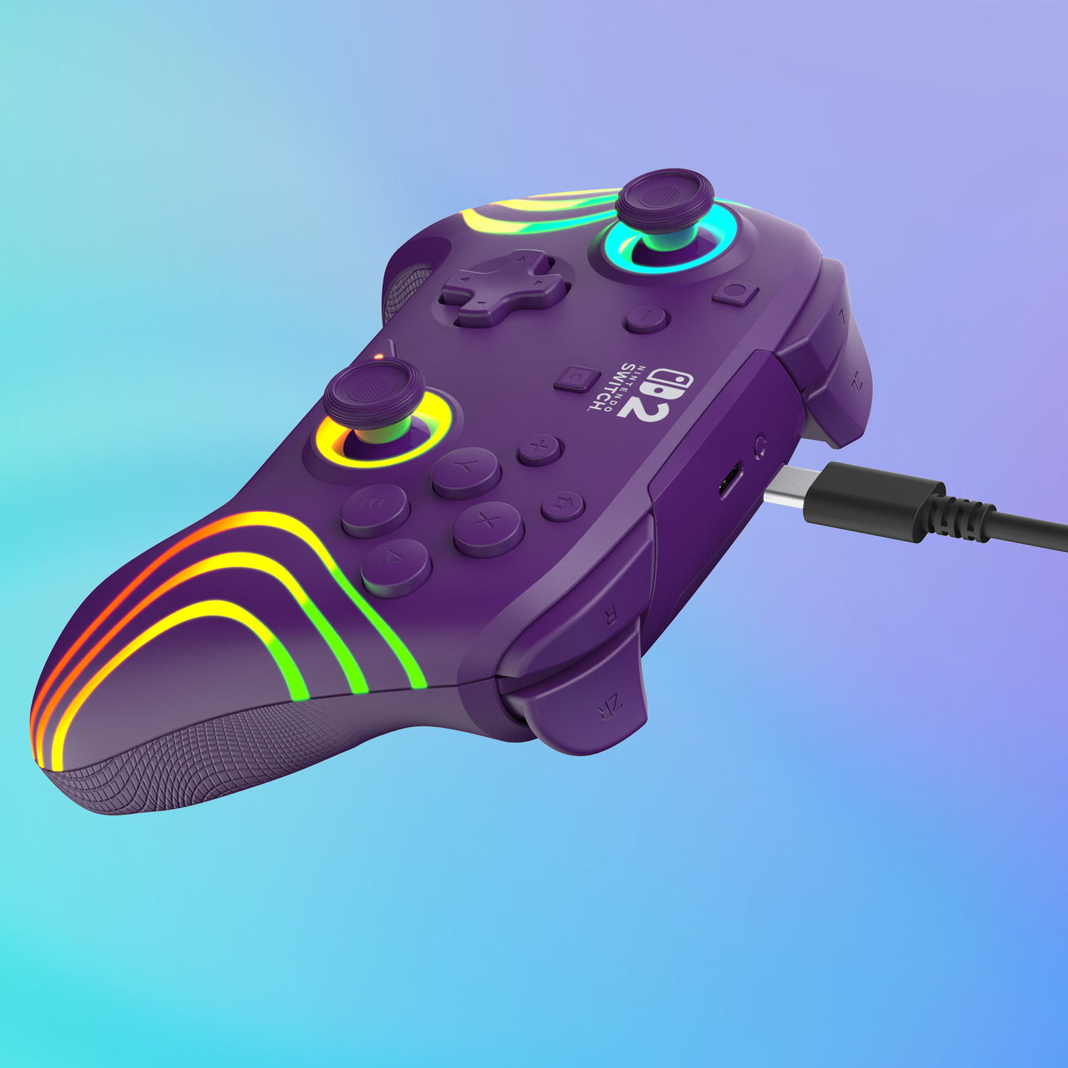 Purple Nintendo Switch controller with rainbow LED accents and USB-C cable.