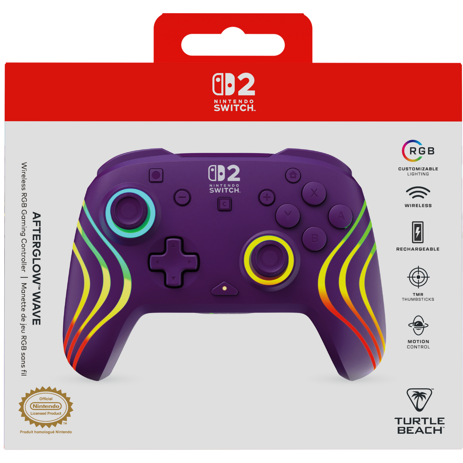 Purple Nintendo Switch controller with wave pattern and RGB lighting, in packaging.