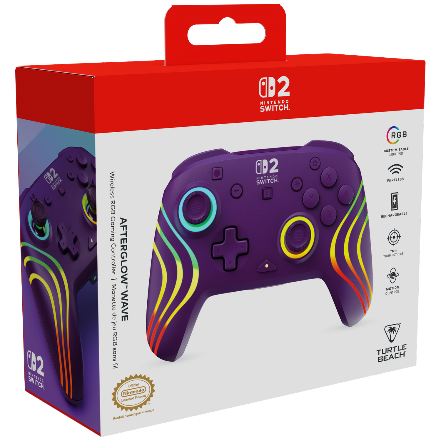 Purple Nintendo Switch controller with RGB wave pattern on red box.