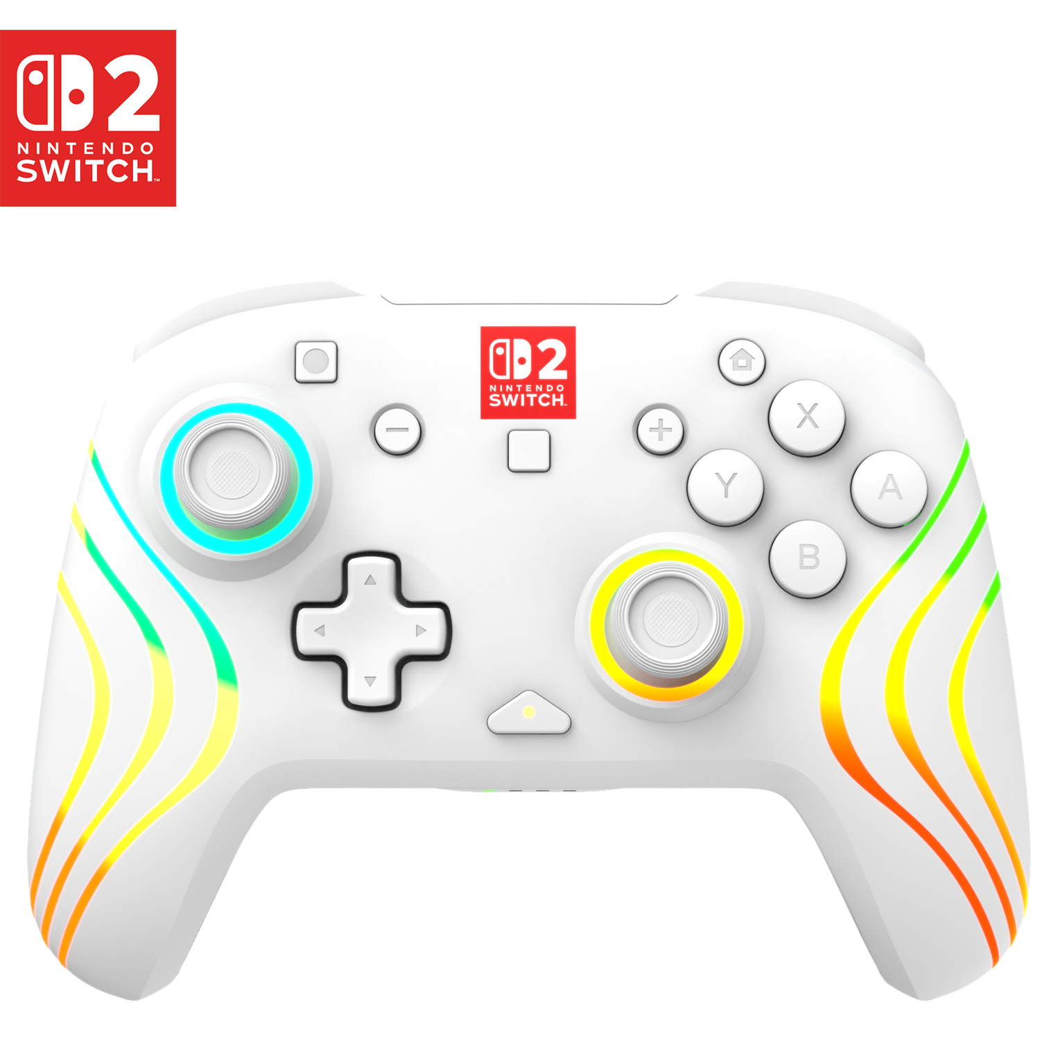 A white Nintendo Switch controller with colorful stripes and glowing rings.