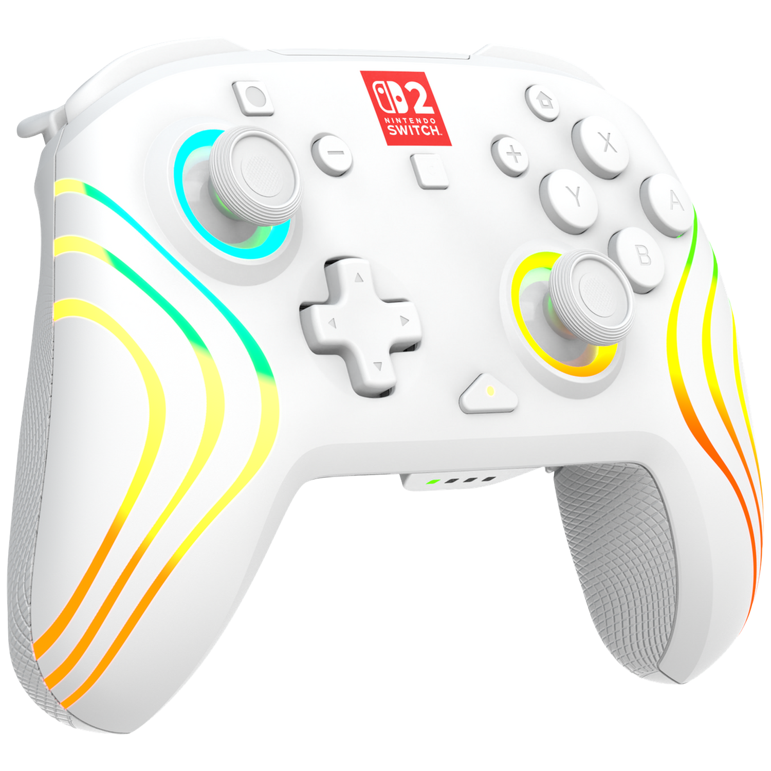 A white Nintendo Switch Pro controller with colorful stripes and lights.