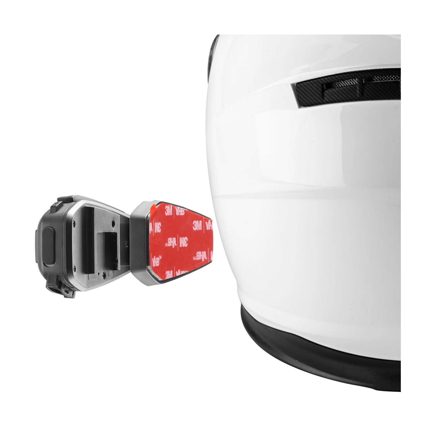 Un supporto per casco grigio con nastro adesivo 3M VHB rosso è fissato a un casco bianco.