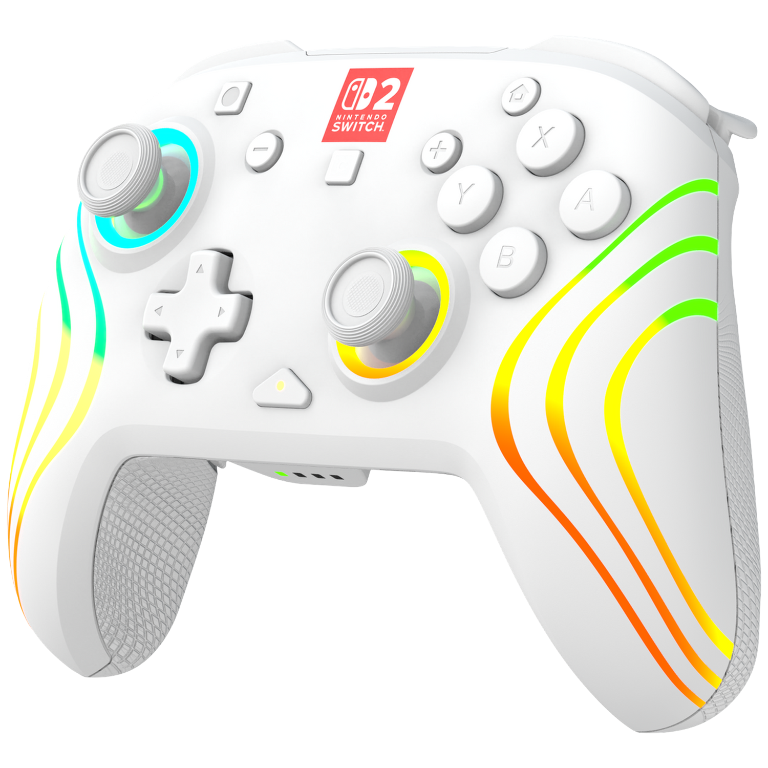 A white Nintendo Switch controller with colorful light accents and the Nintendo Switch logo.