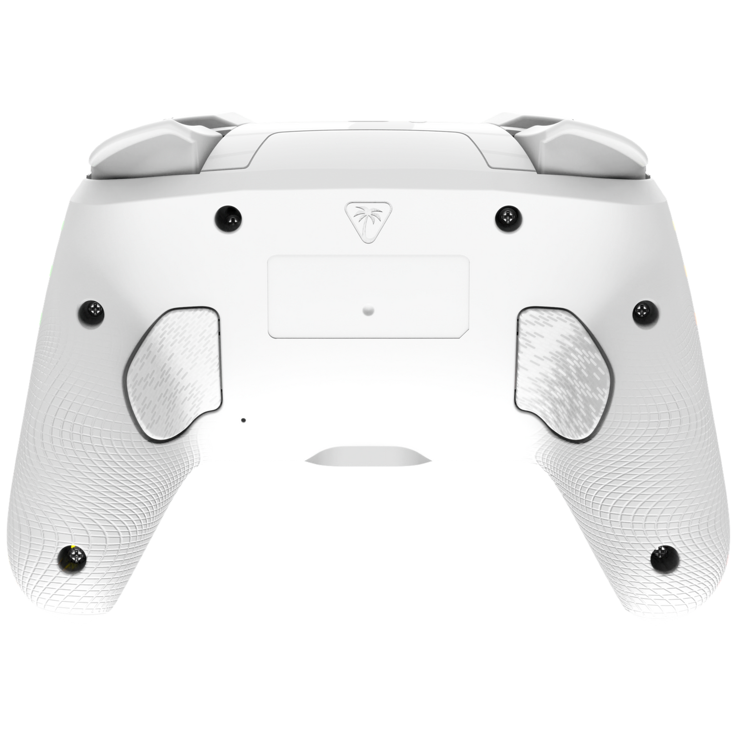 Back of a white game controller with textured grips and buttons.