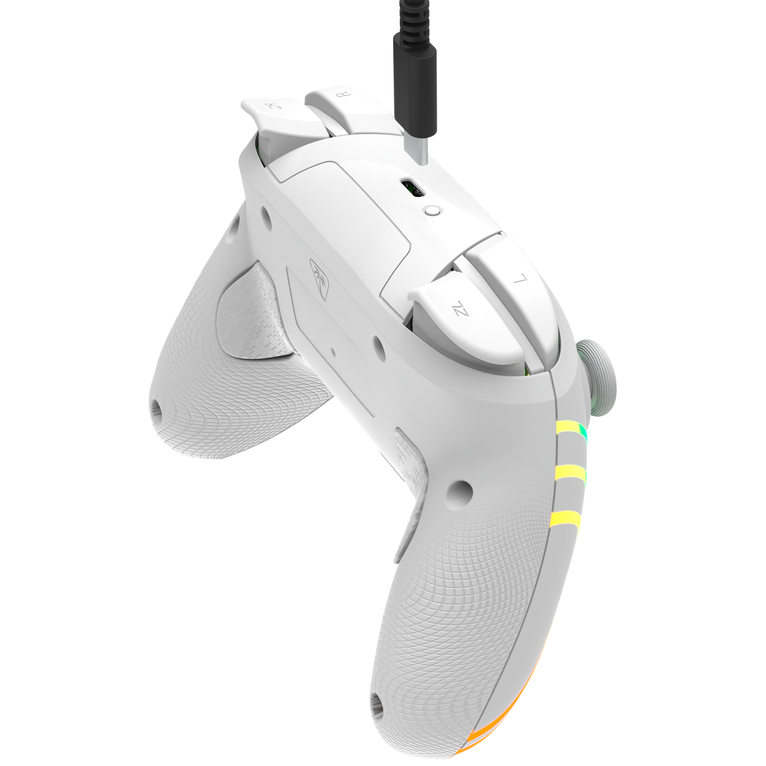 A white controller with a black cable plugged in. LED indicators are visible.
