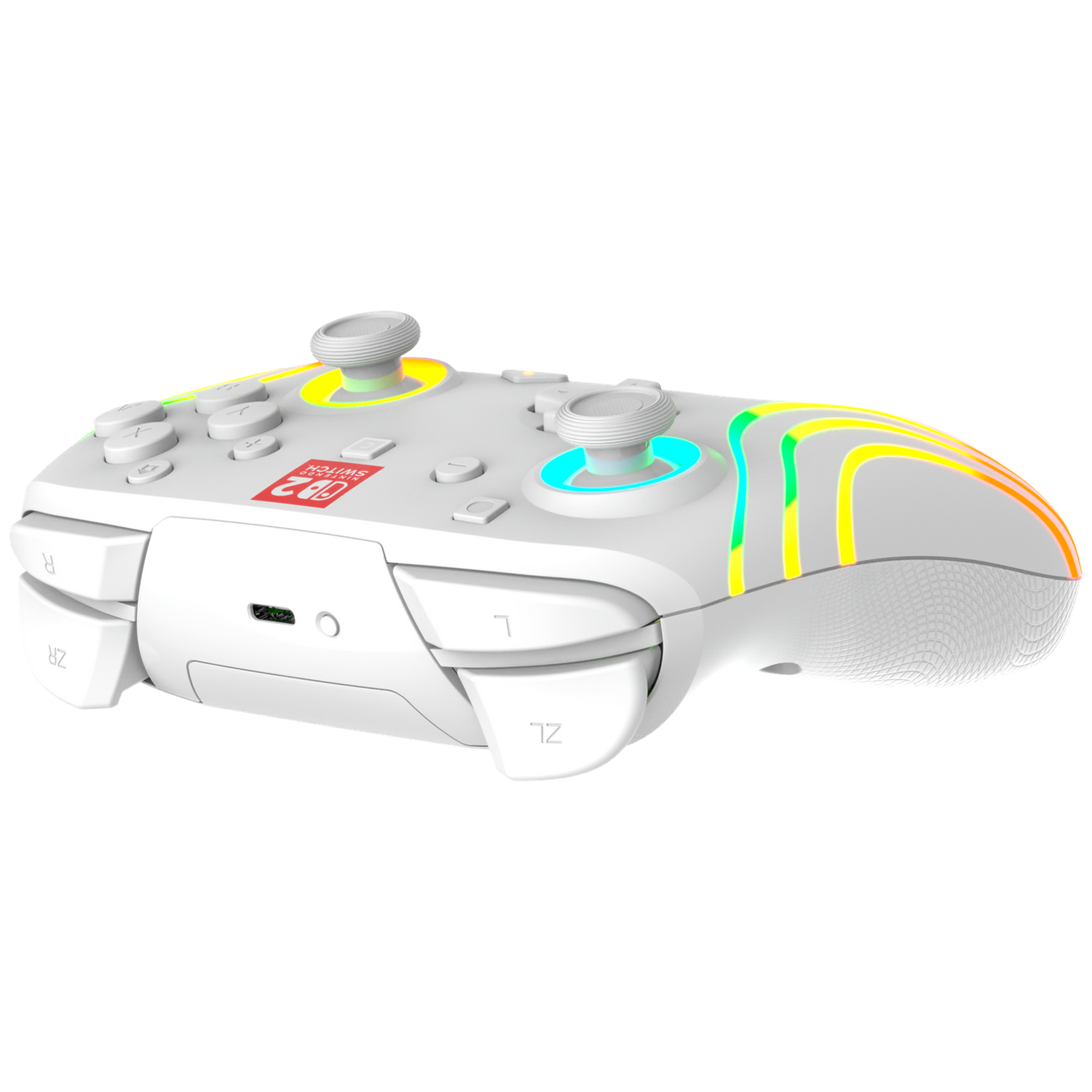 A white Nintendo Switch controller with colorful lights and two joysticks.