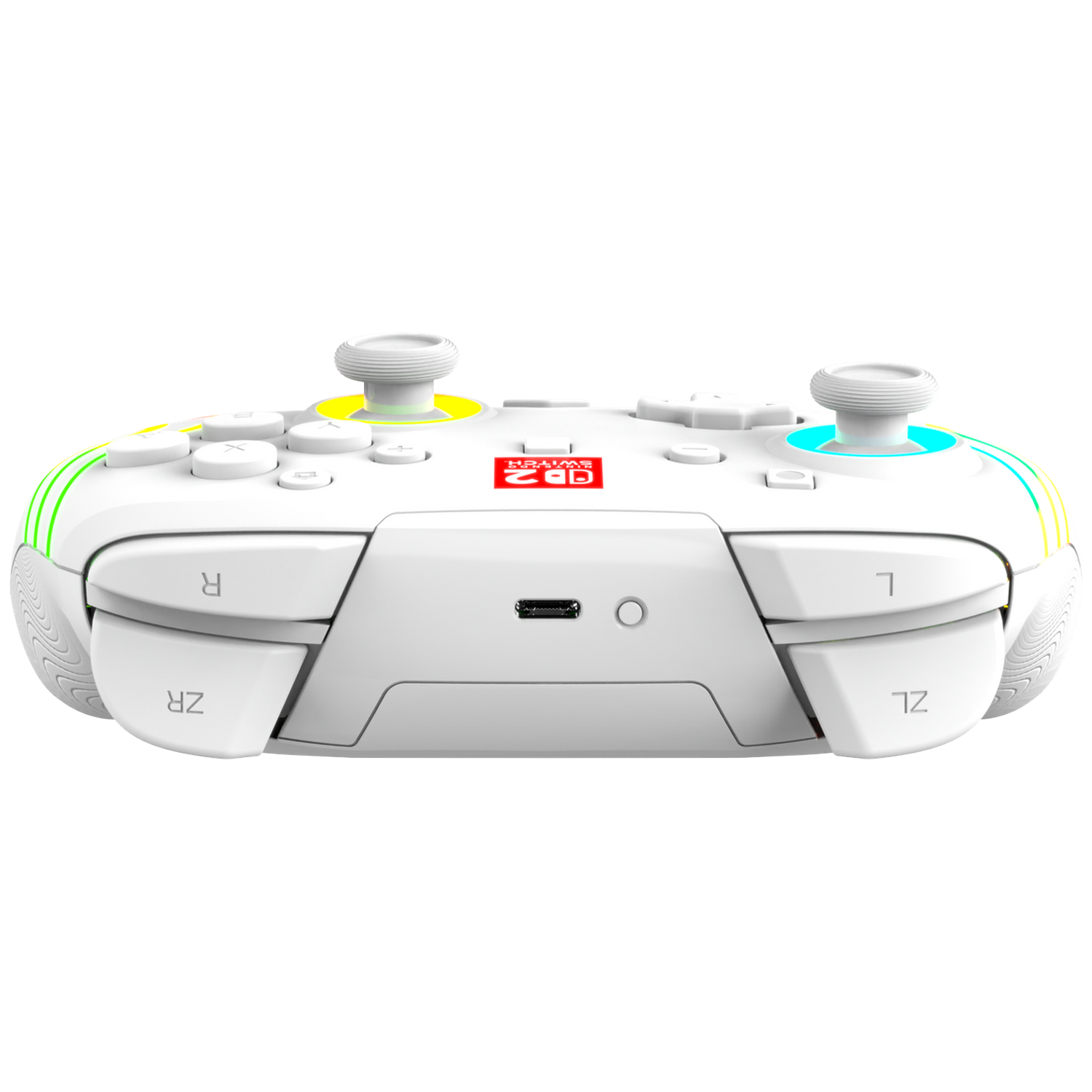 A white controller featuring two joysticks and colorful accents.