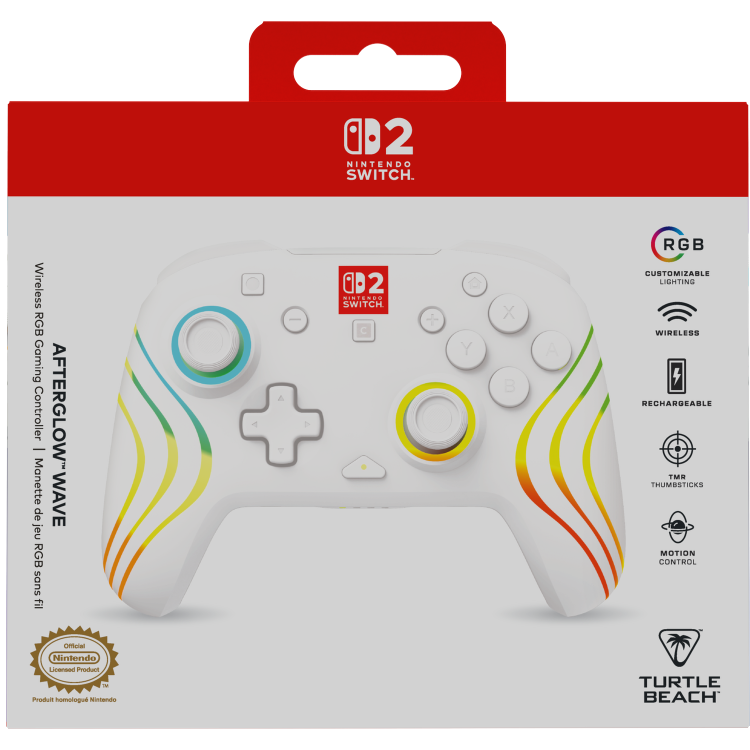 White Nintendo Switch controller packaging with RGB wave design and product features.