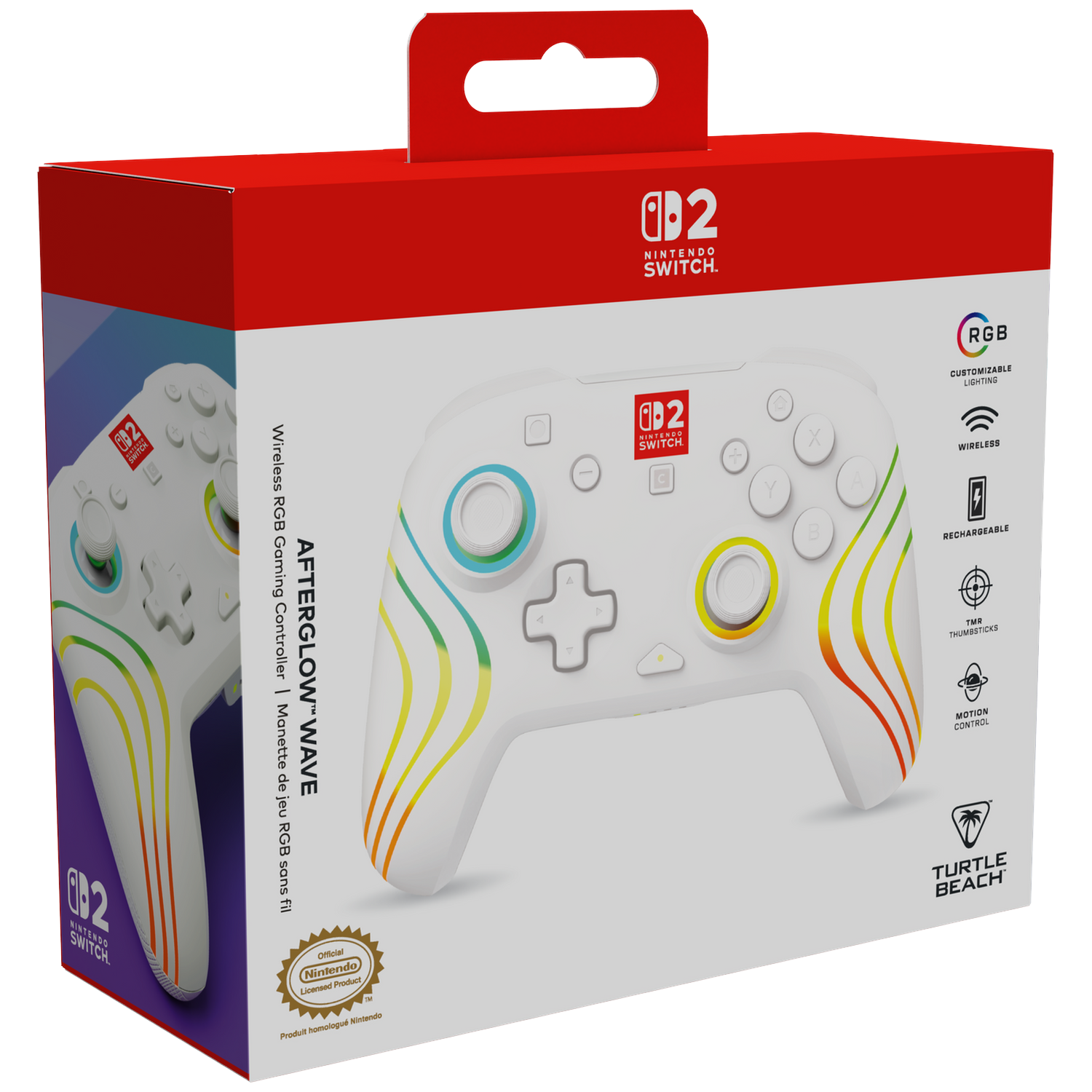 Packaging of a white Nintendo Switch controller with RGB wave pattern.