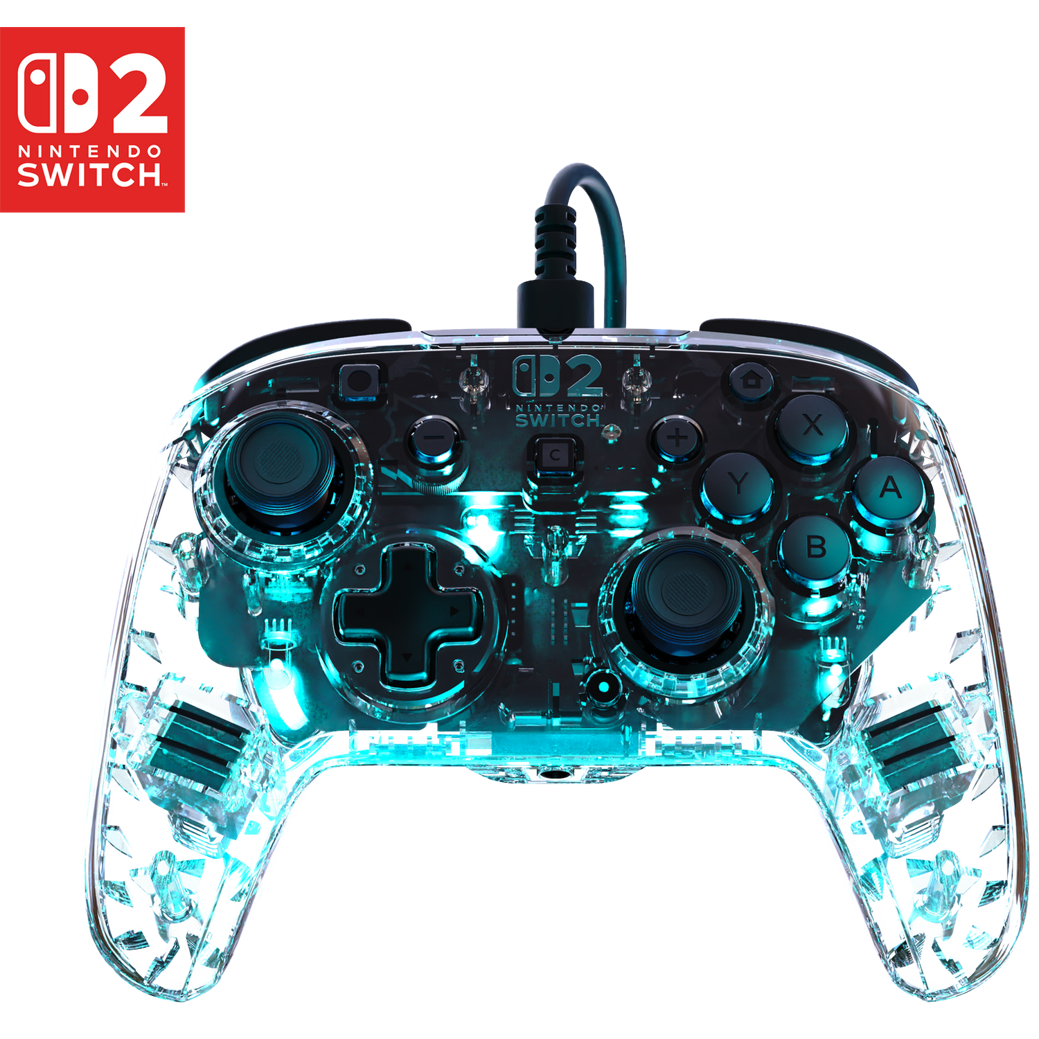 Transparante Nintendo Switch controller met blauwe gloed en logo.