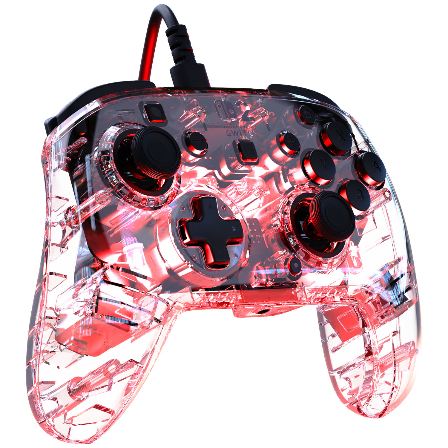 Transparante controller met rode lampjes, zwarte knoppen op zwarte achtergrond.