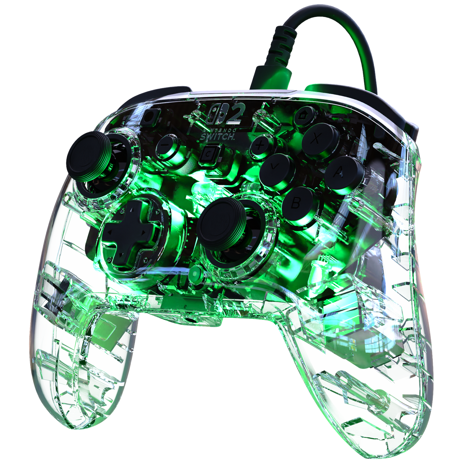 Transparante Nintendo Switch controller met groene interne lichten en zwarte knoppen.
