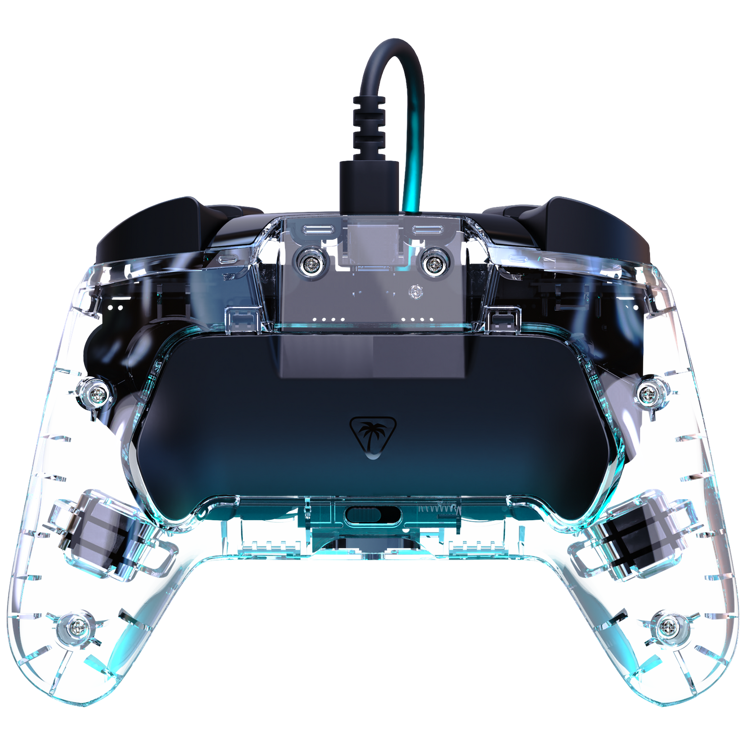 Transparante gamecontroller met blauwe verlichting, die interne componenten toont.