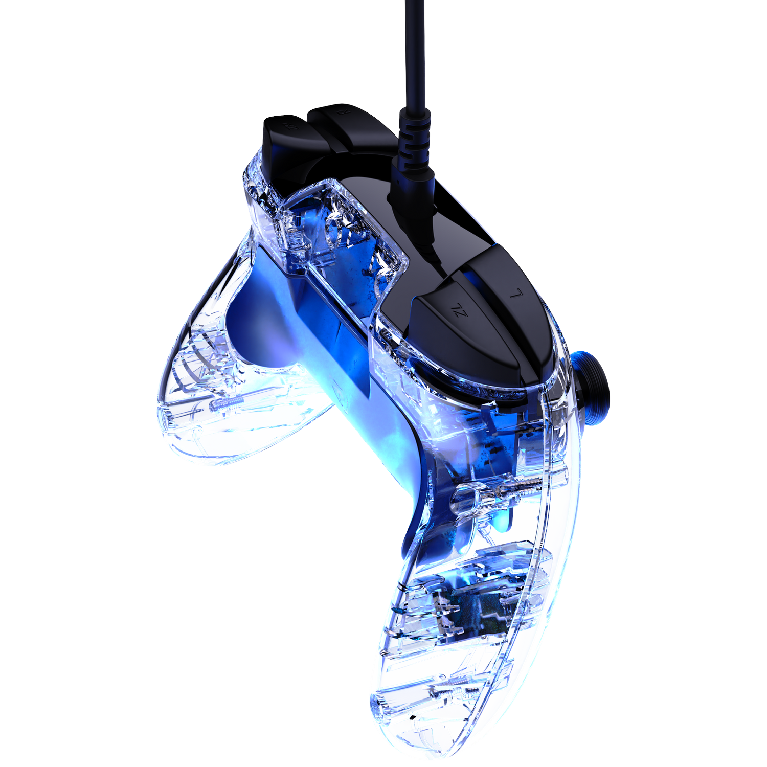 Transparante videogamecontroller met blauwe interne gloed, op zwarte achtergrond.