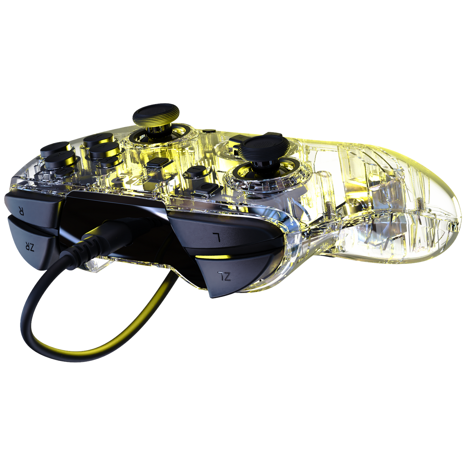 Transparante controller met gele accenten en kabel op zwarte achtergrond.