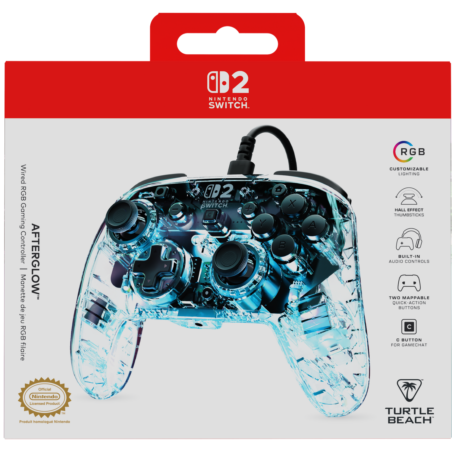Een transparante, blauw verlichte Afterglow controller voor Nintendo Switch.