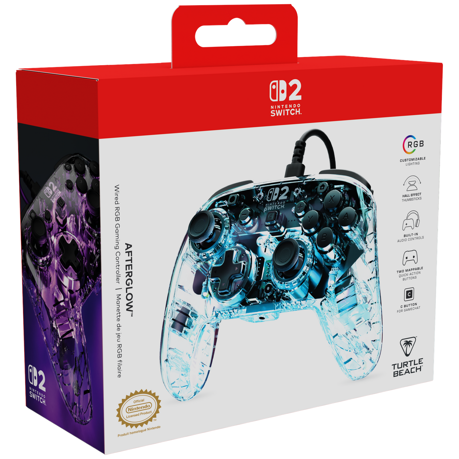 Duidelijk blauwe Nintendo Switch controller met RGB-verlichting op rode verpakking.