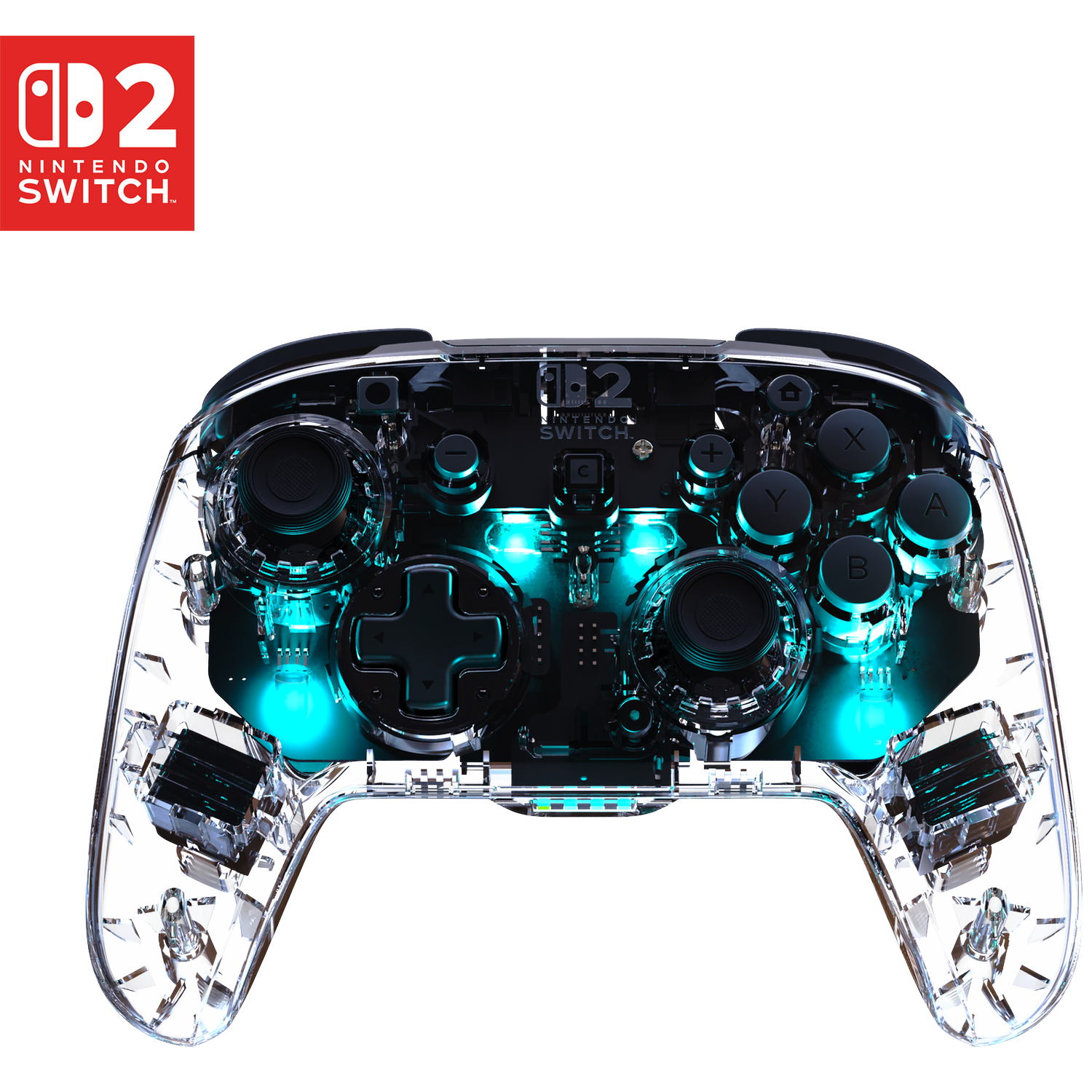 Transparent Nintendo Switch controller with blue lights and logo.