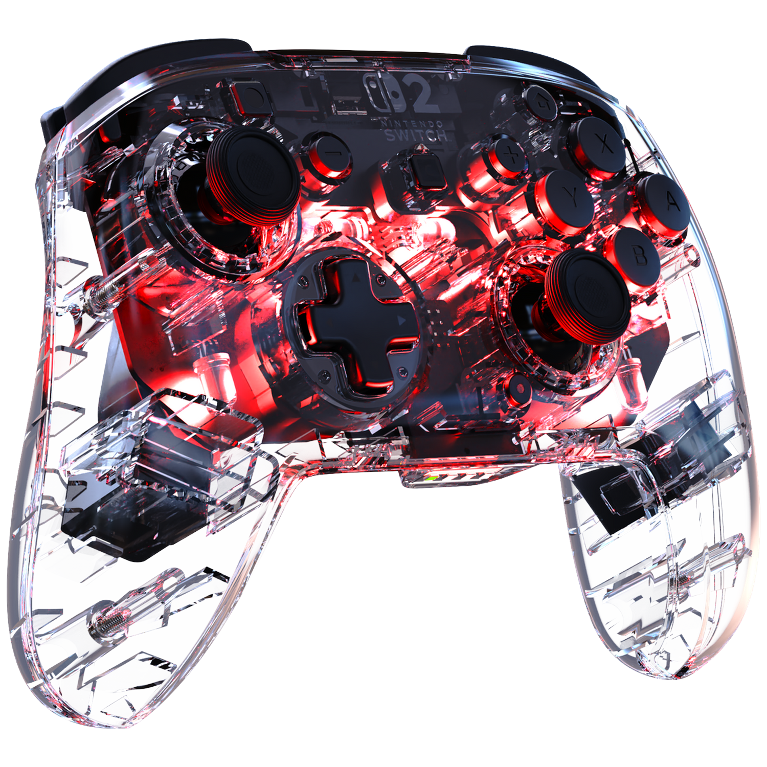 Clear controller with red lights, black buttons, on black background.