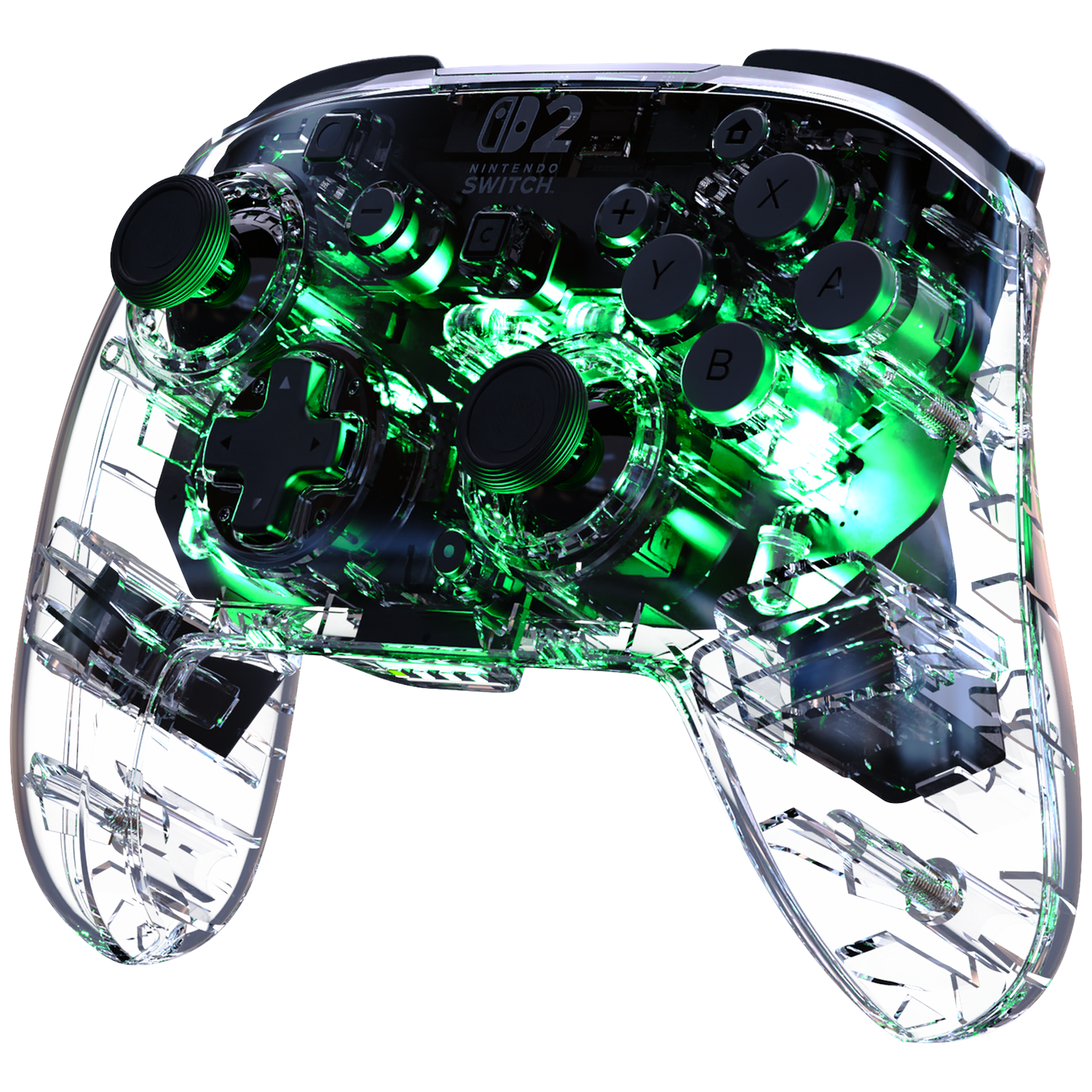 A transparent Nintendo Switch controller with green LED lighting on a black background.