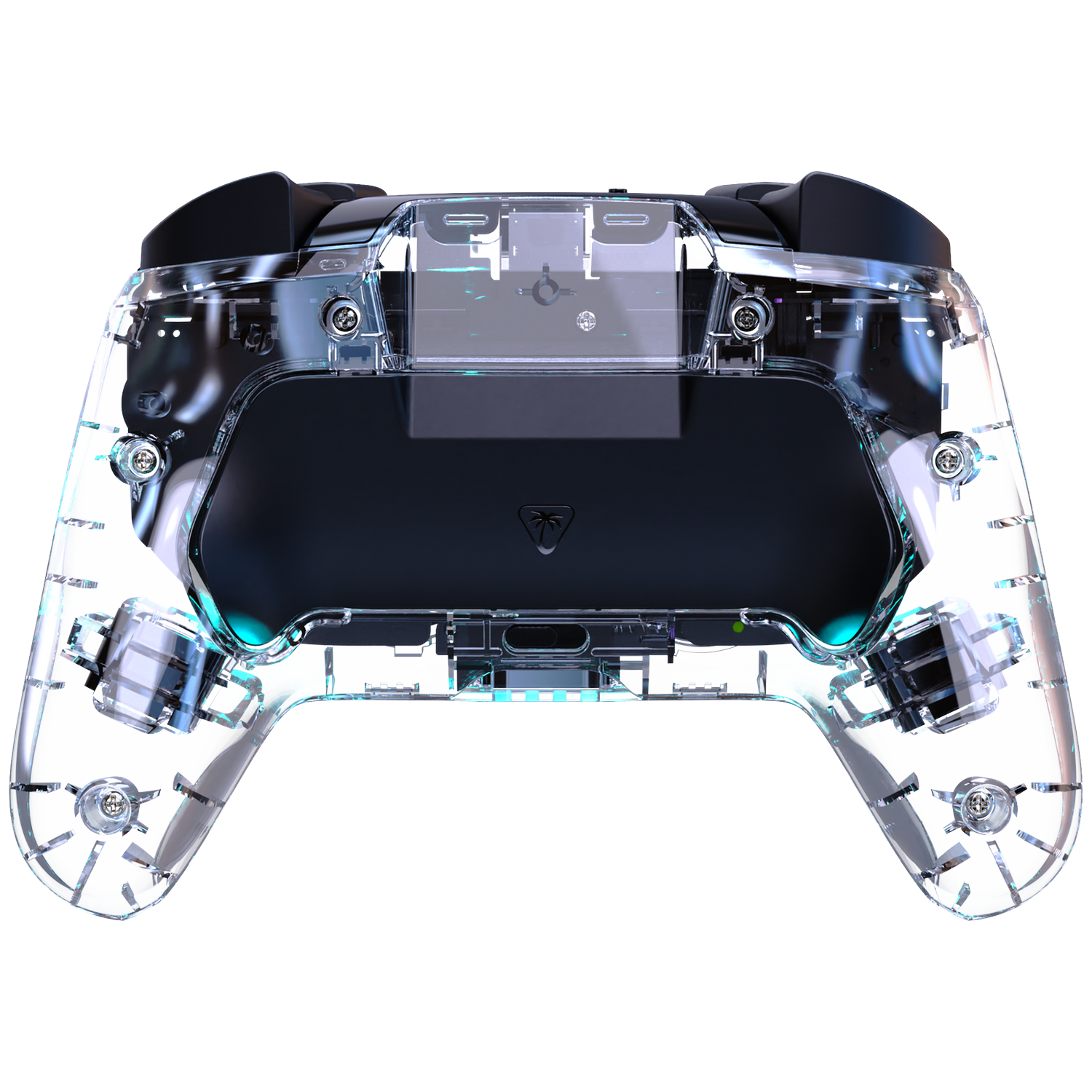 A transparent controller with visible internal components and blue lighting.