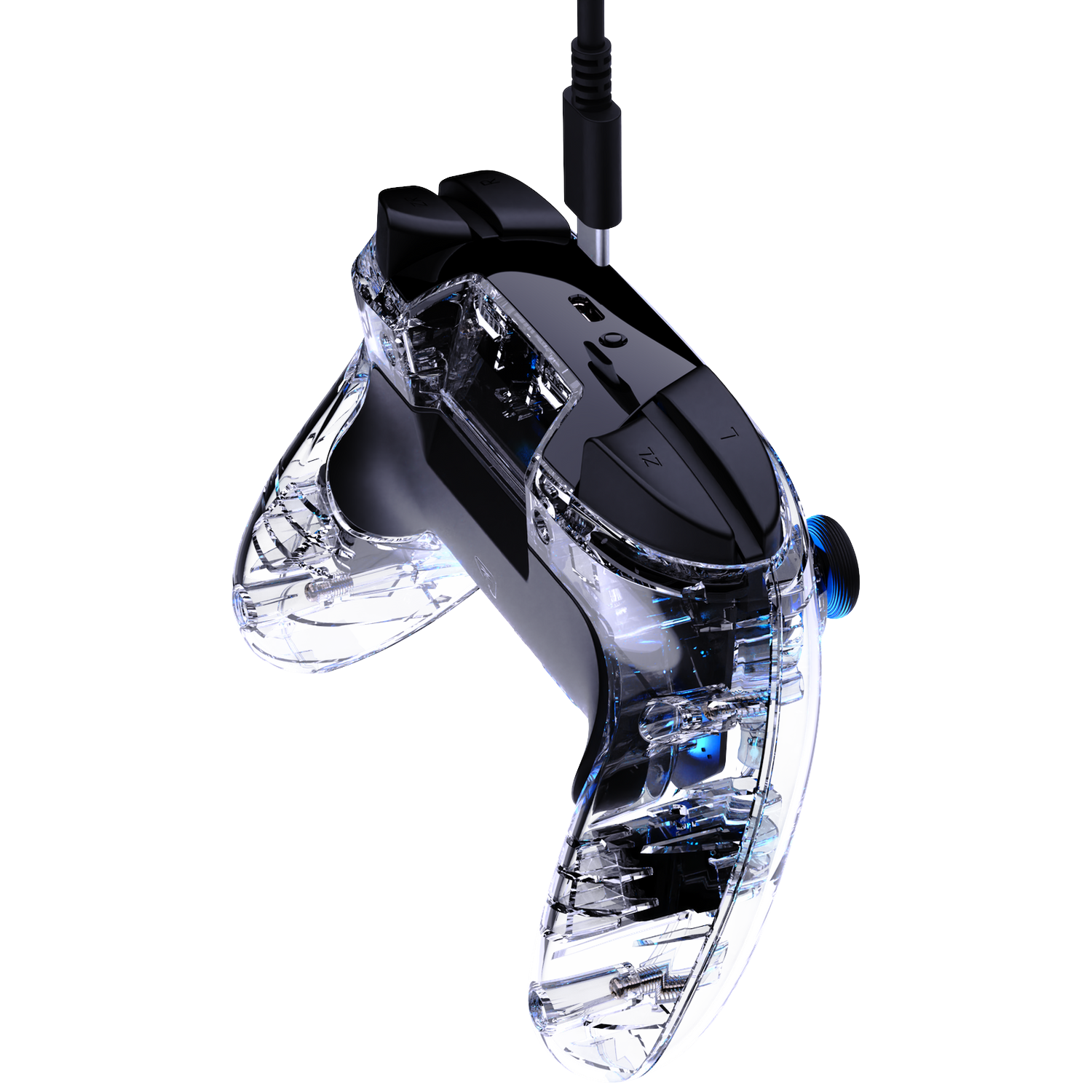 Transparent controller with visible circuitry and a plugged-in USB-C cable on a black background.