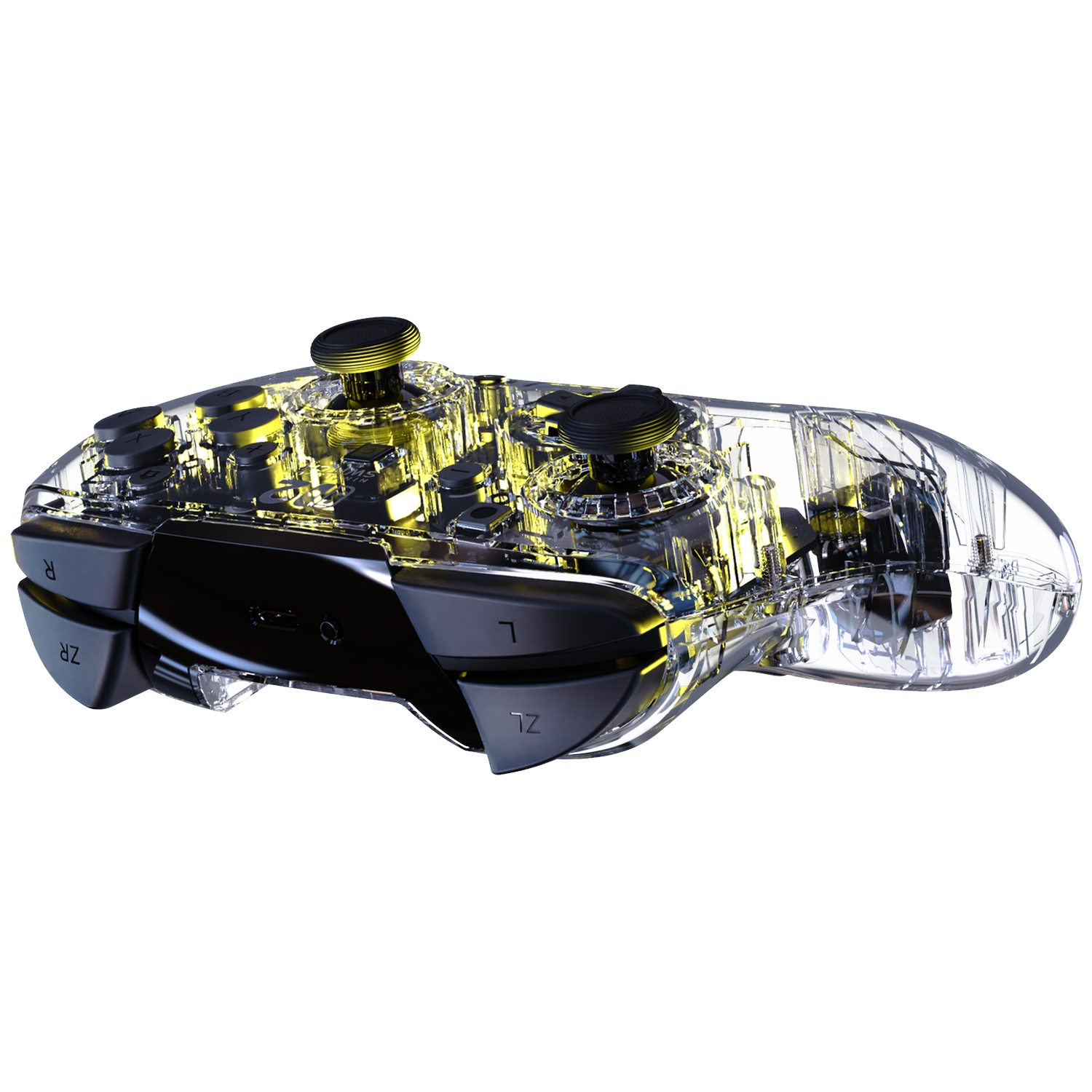 Transparent controller with yellow lights and visible internal components.