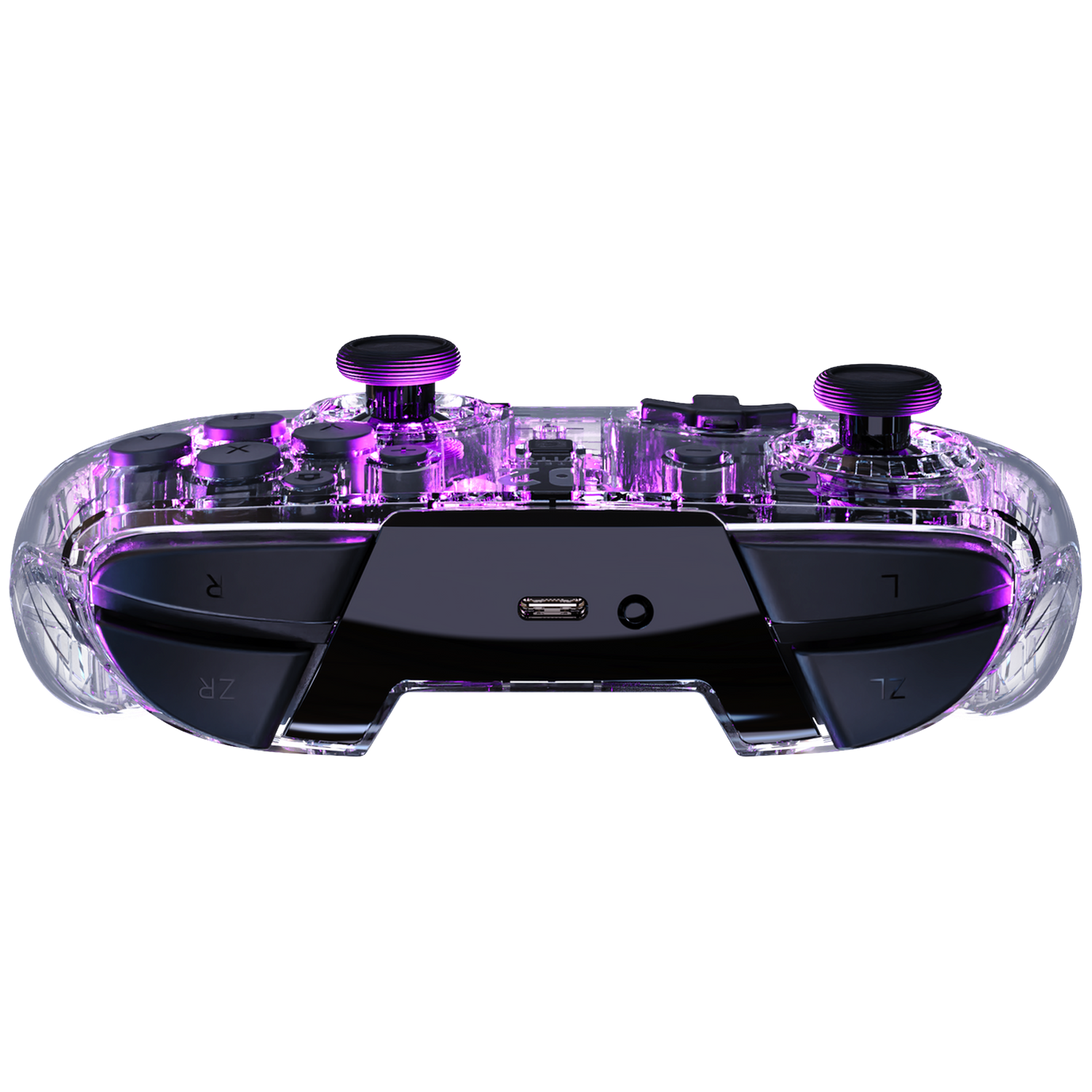 Clear controller with purple lights and dark buttons on a black background.
