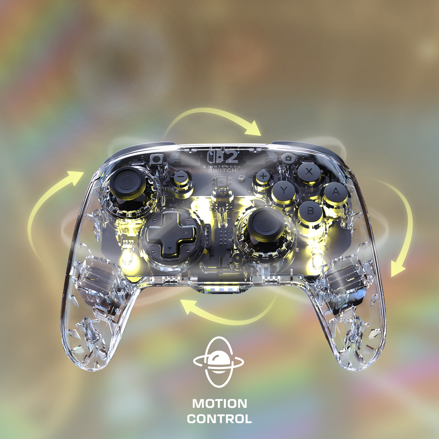 Transparent controller with yellow arrows and "Motion Control" logo.