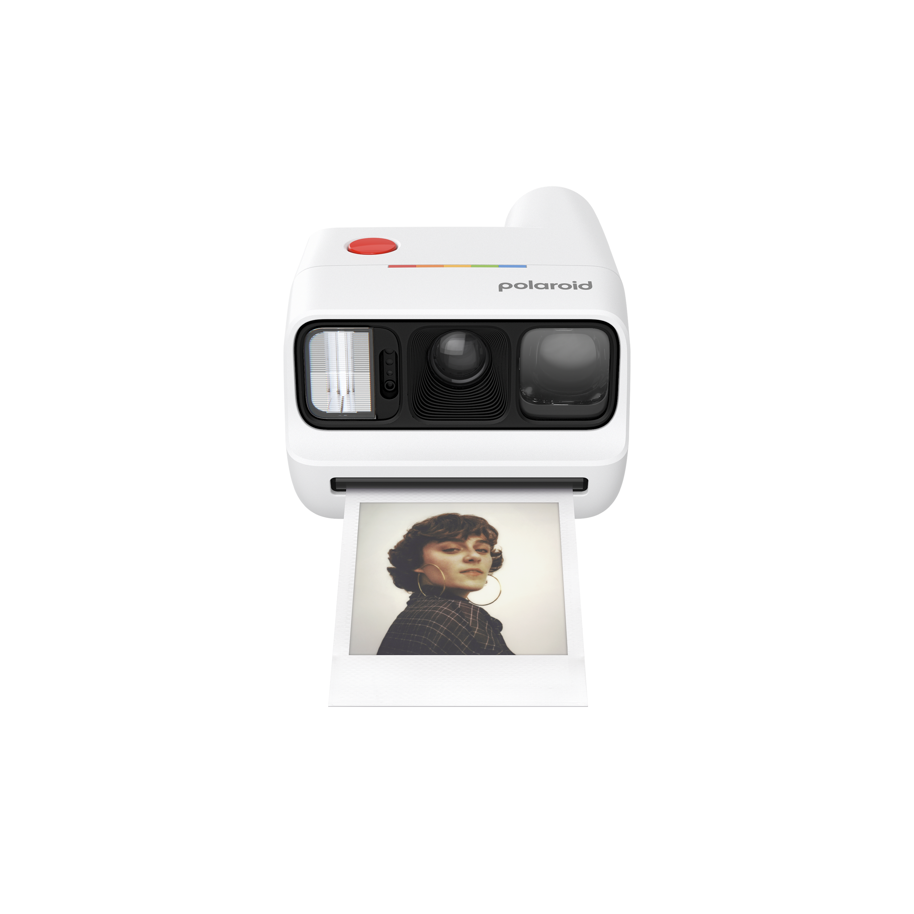 Weiße Sofortbildkamera mit rotem Knopf und Polaroid-Logo, zeigt ein Foto einer Frau.