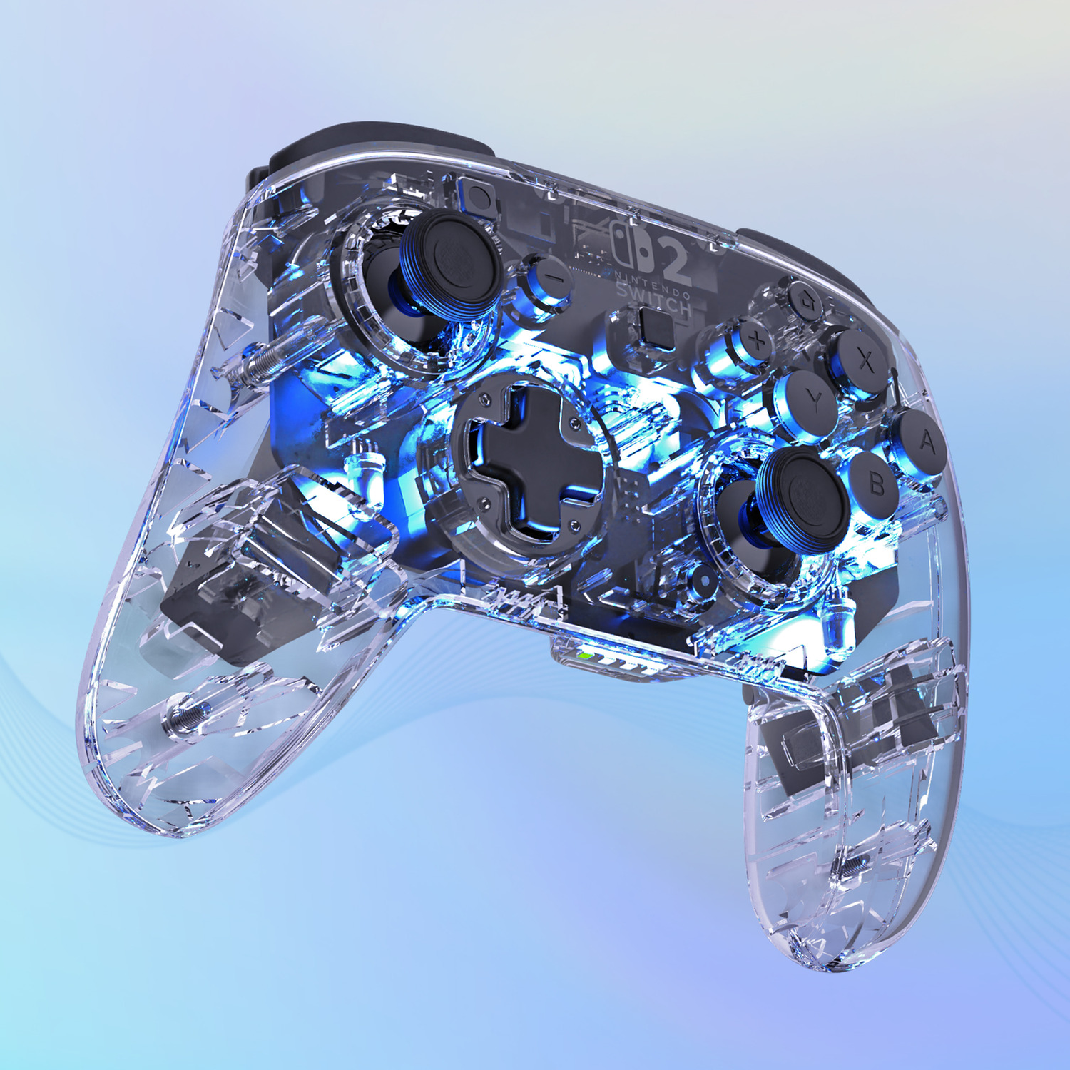 Transparent Nintendo Switch controller with blue internal lights, on a gradient background.