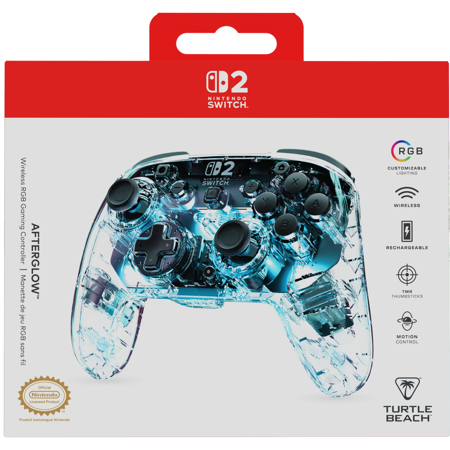 A transparent Nintendo Switch controller with blue lights and the "Afterglow" logo.
