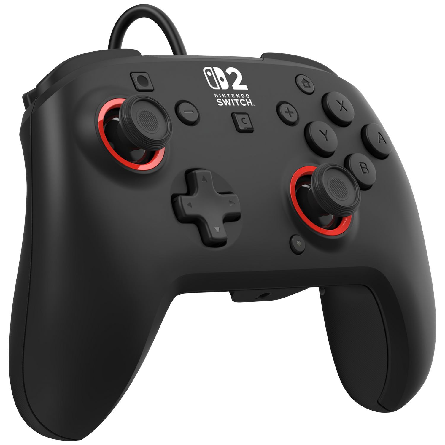 Black Nintendo Switch controller with red accents and cable.