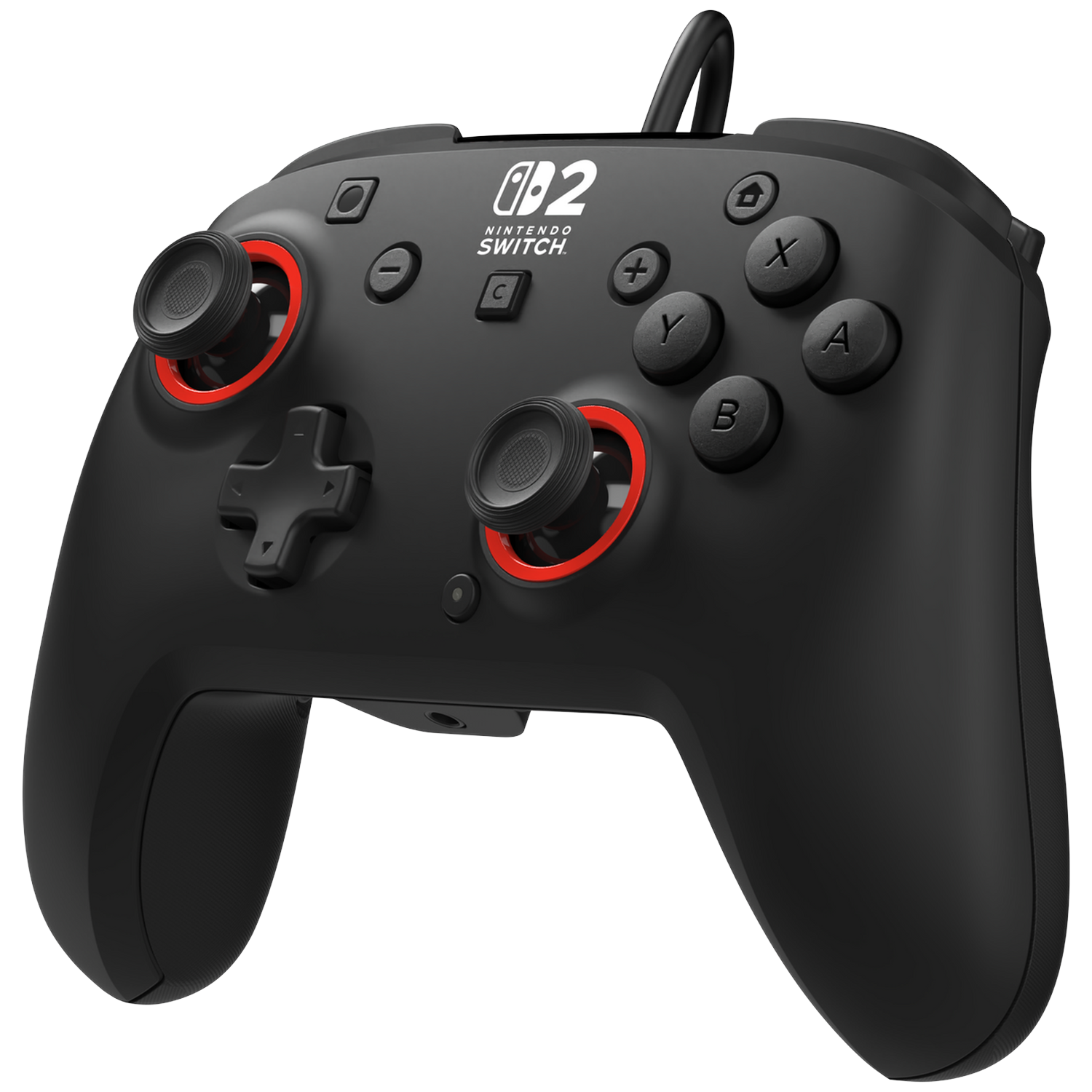 Black Nintendo Switch controller with red accents and buttons.