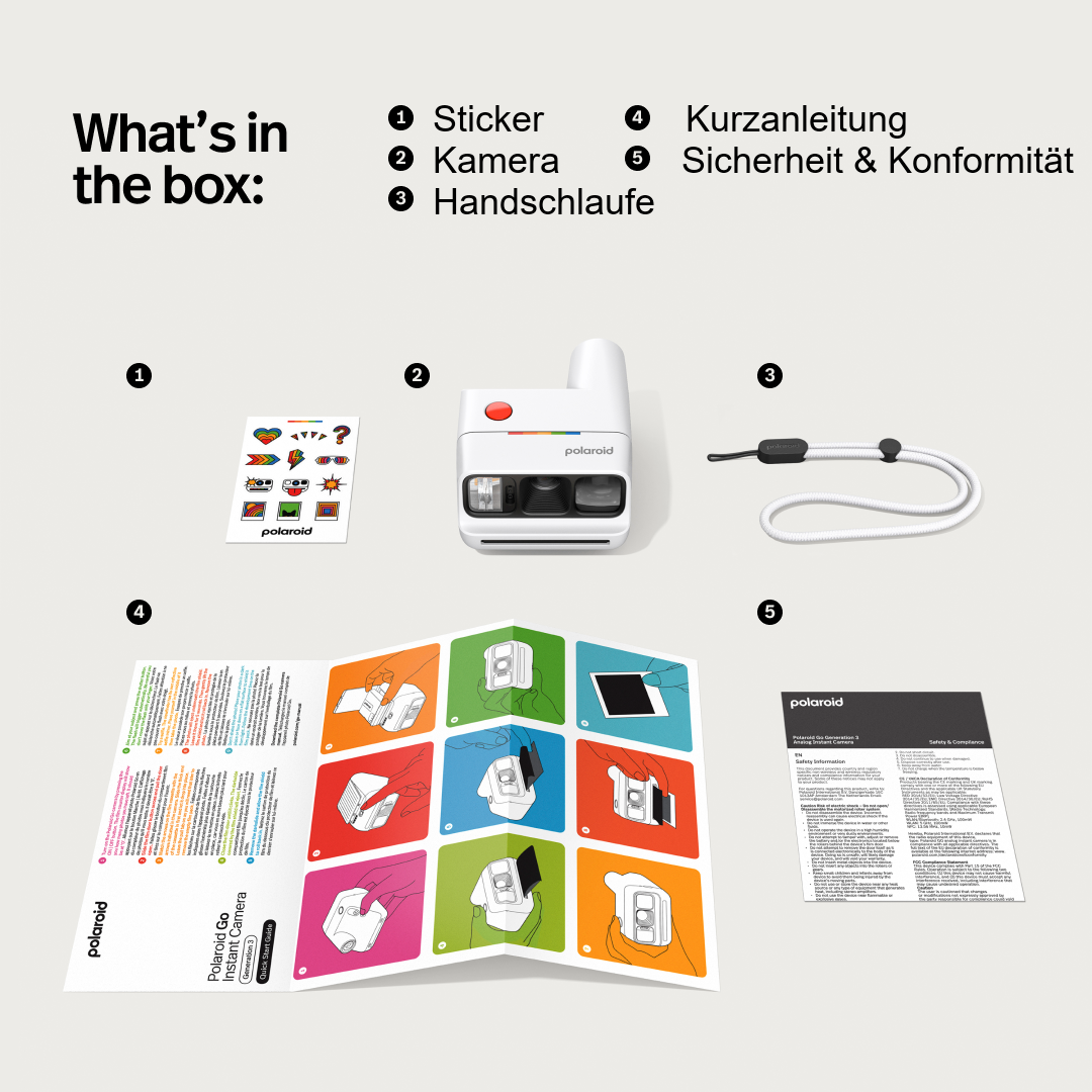 Inhalt der Box: Polaroid Kamera, Sticker, Handschlaufe, Anleitung, Sicherheitshinweise.