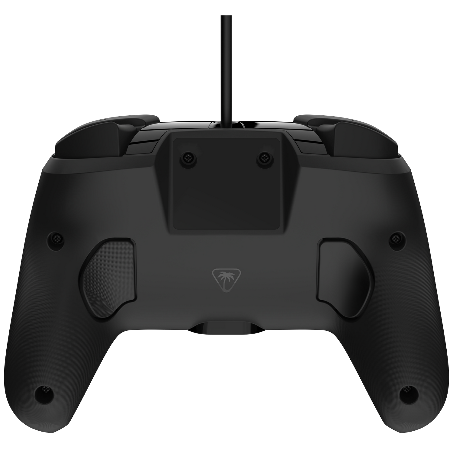 Black gaming controller with cable and palm logo.