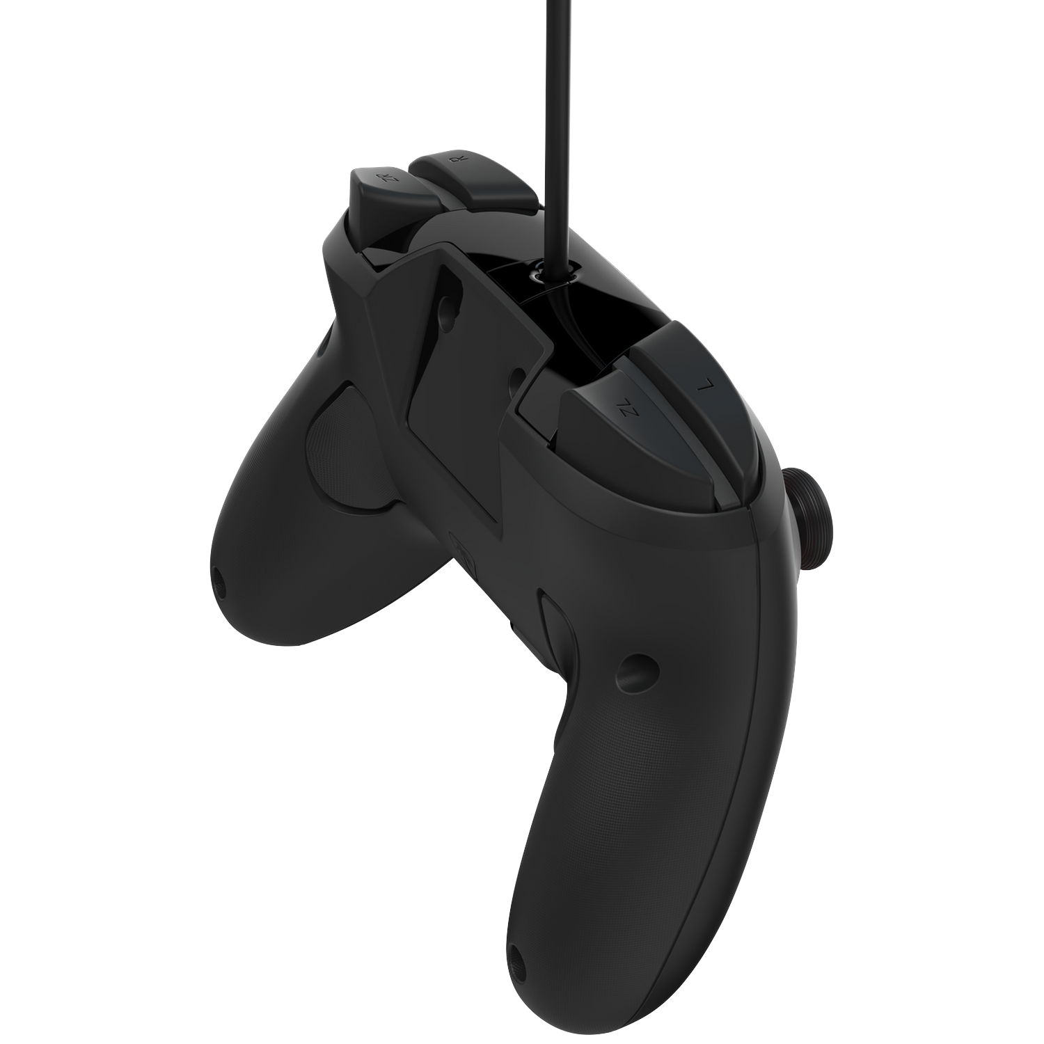 Black game controller with cable attachment, L/R and ZL/ZR buttons.