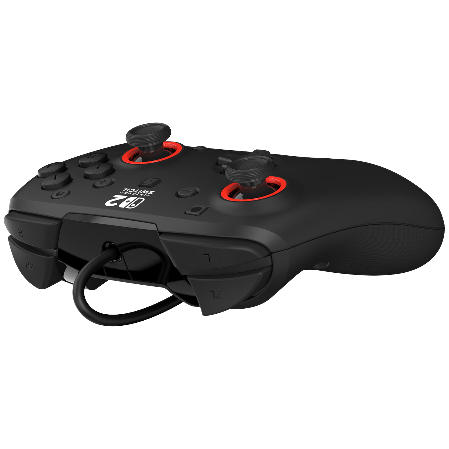 Black Nintendo Switch controller with red accents and a wire.