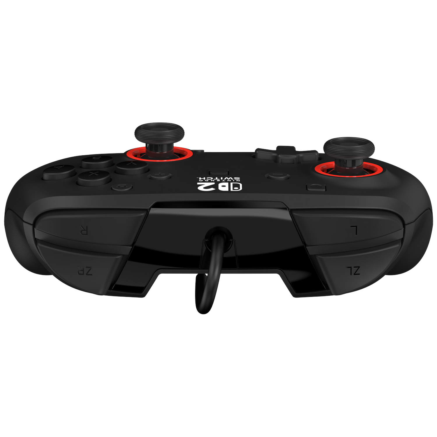 Black gaming controller with red accents and two joysticks, on a white background.