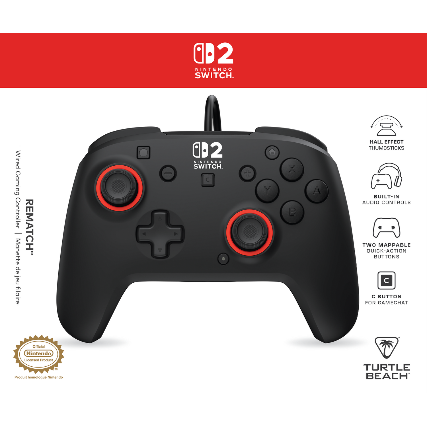 Black Nintendo Switch controller with red accents and Turtle Beach logo.