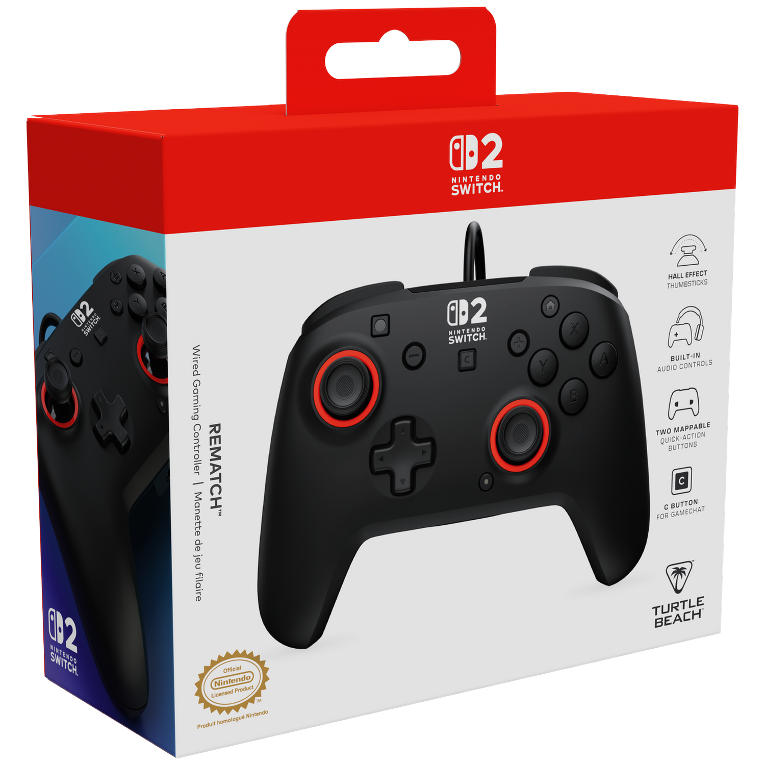 Black Nintendo Switch controller with red accents on its box.
