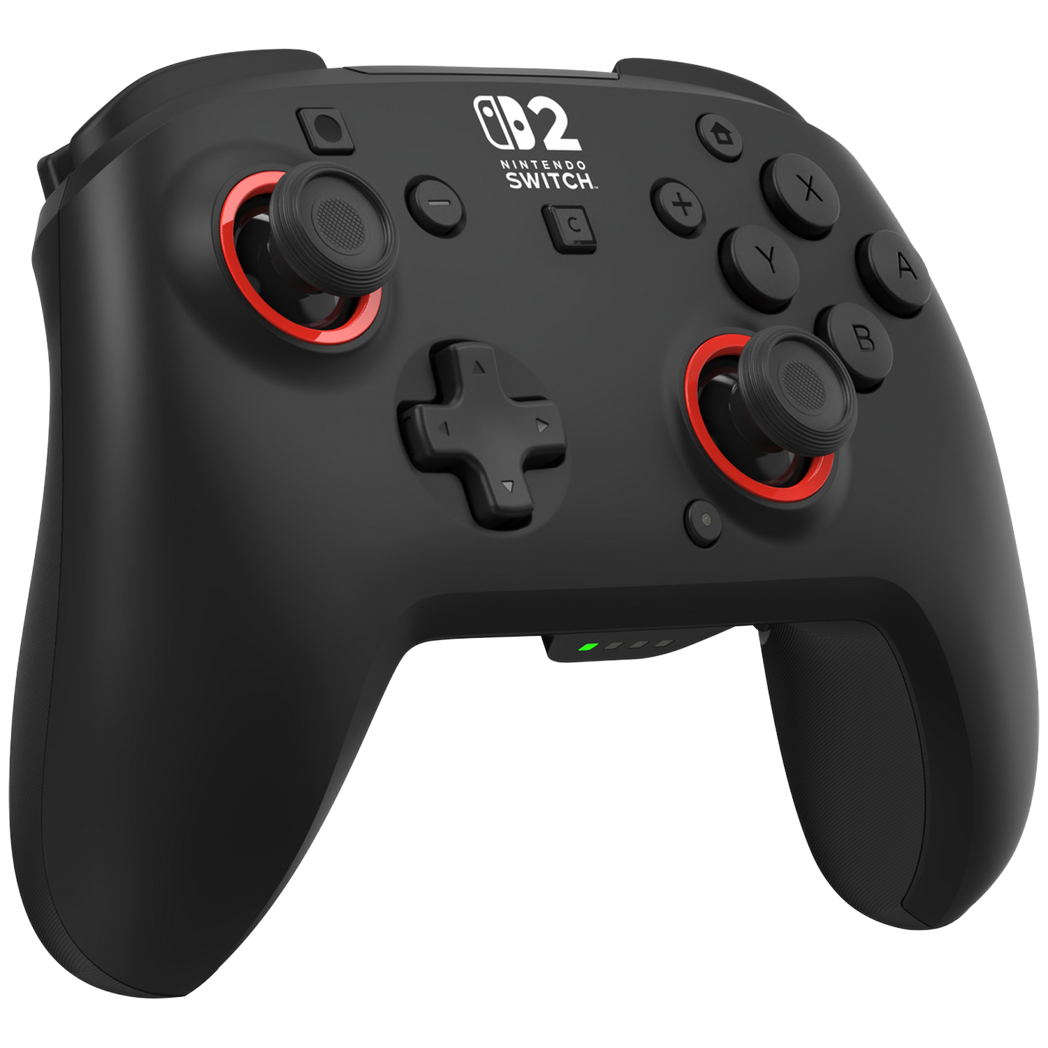 Black Nintendo Switch controller with red accents, featuring joysticks and buttons.