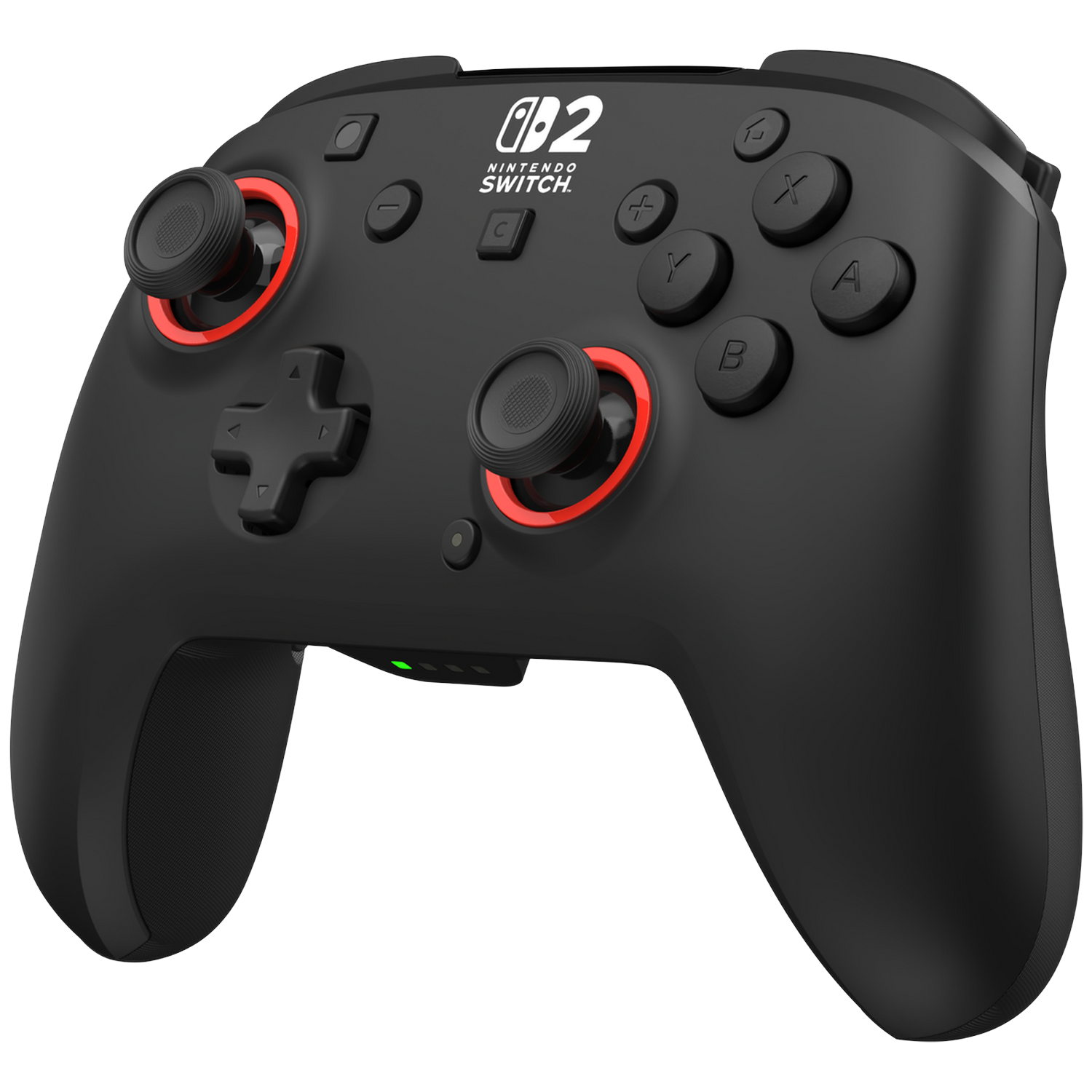 Black Nintendo Switch Pro controller with red accents and illuminated LEDs.