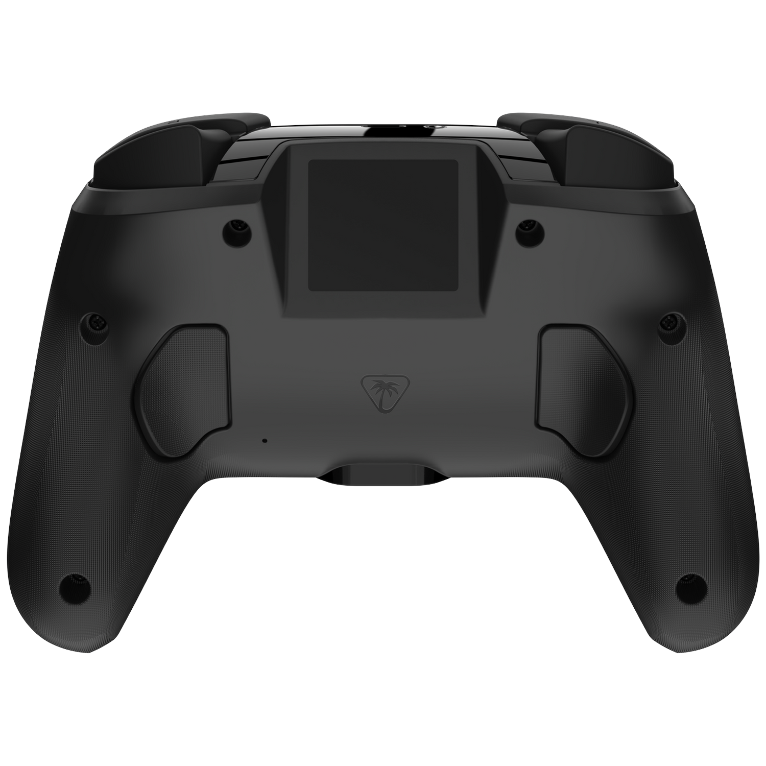 Black gaming controller seen from the back, featuring grips, buttons, and a small screen.