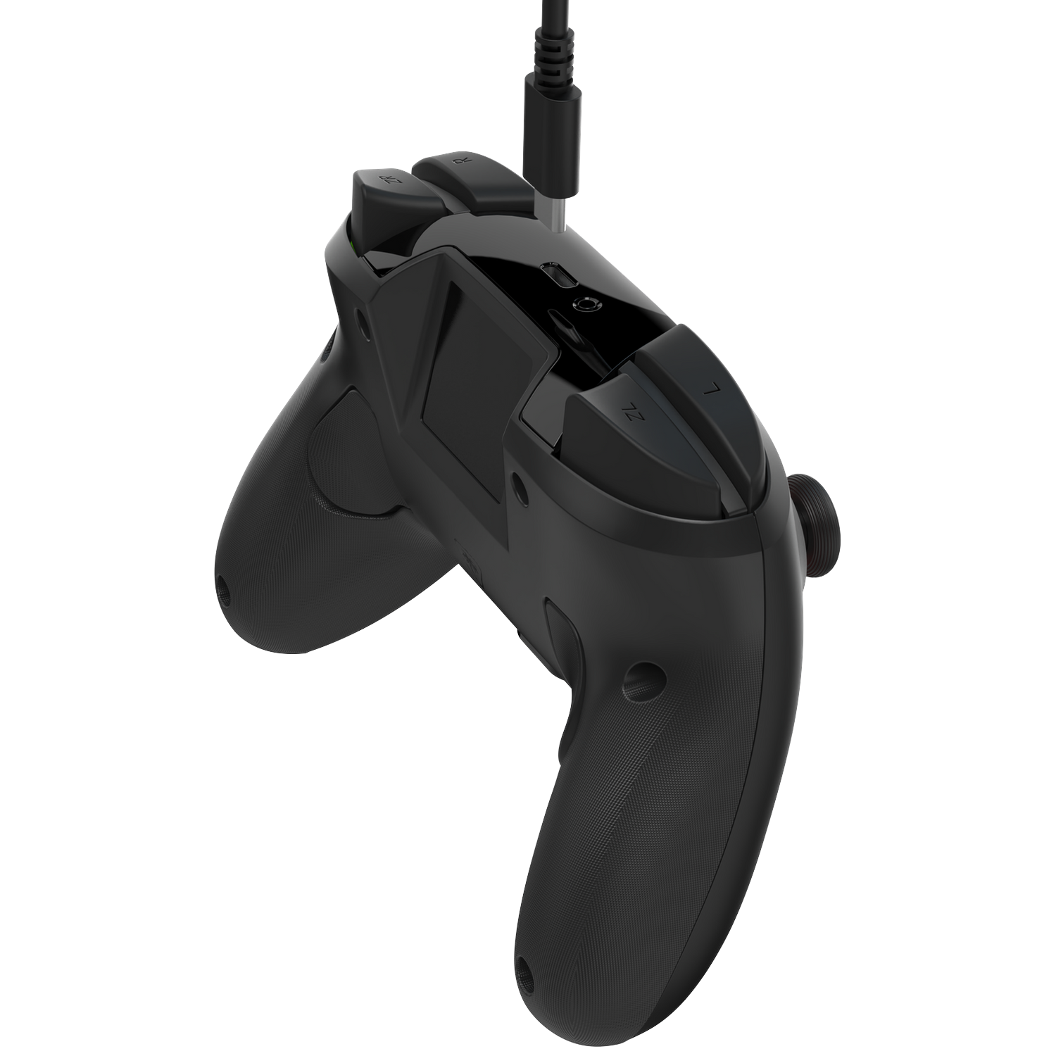 Black wired gaming controller, viewed from above.
